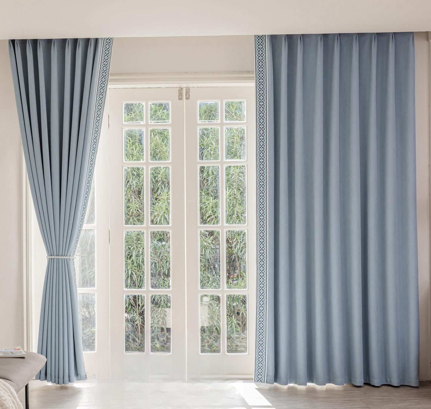 Pinch Pleat Curtains, with Geometric Trim Design