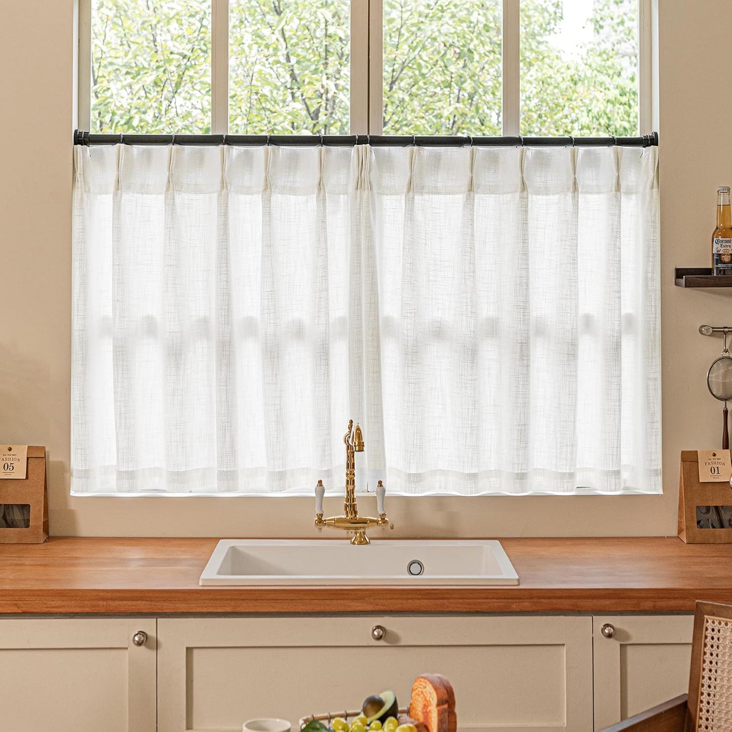 Pinch Pleated Linen Curtains 108" Beige, 2 Panels