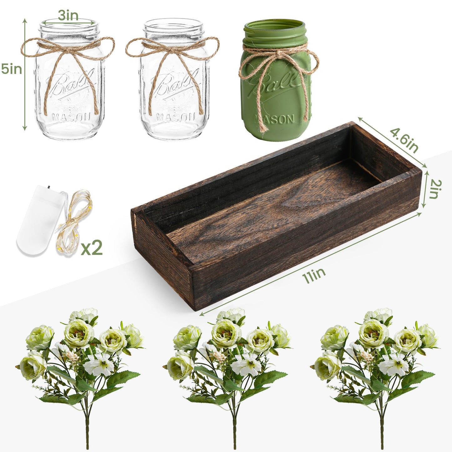 3 Pcs Mason Jar Centerpiece with Tray & Lights – Orange