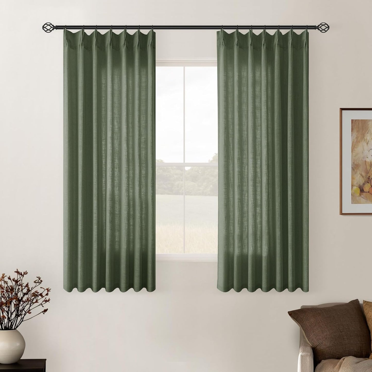 Pinch Pleated Linen Curtains 108" Beige, 2 Panels