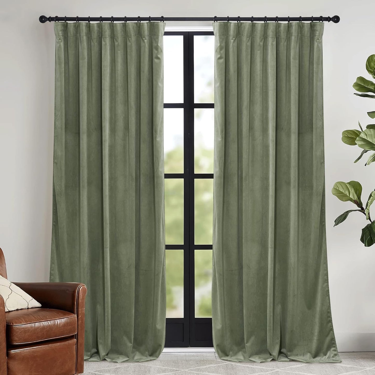RYB HOME Velvet Curtains 52x108" Green, 2 Panels