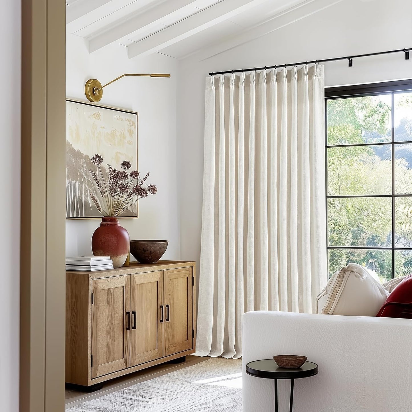 Pinch Pleated Linen Curtains 108" Beige, 2 Panels