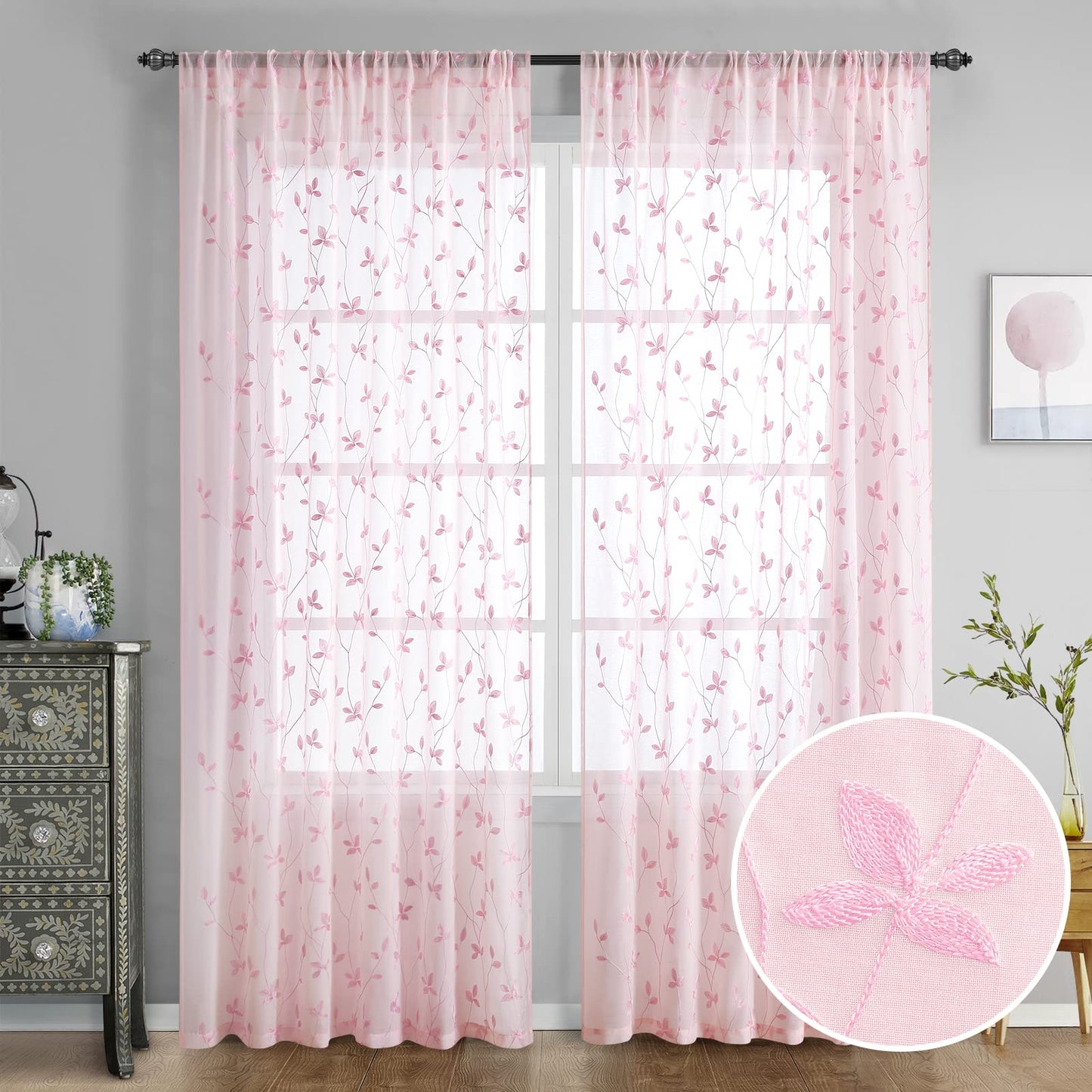 HOMEIDEAS Sheer Curtains 52x63" Green, 2 Panels