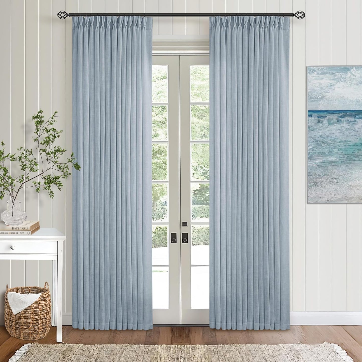 Pinch Pleated Linen Curtains 108" Beige, 2 Panels