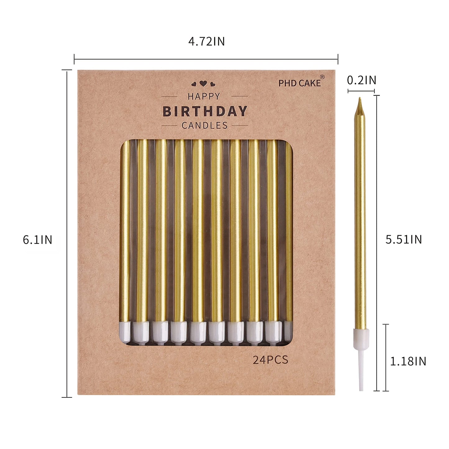 PHD CAKE Gold Long Thin Metallic Birthday Candles