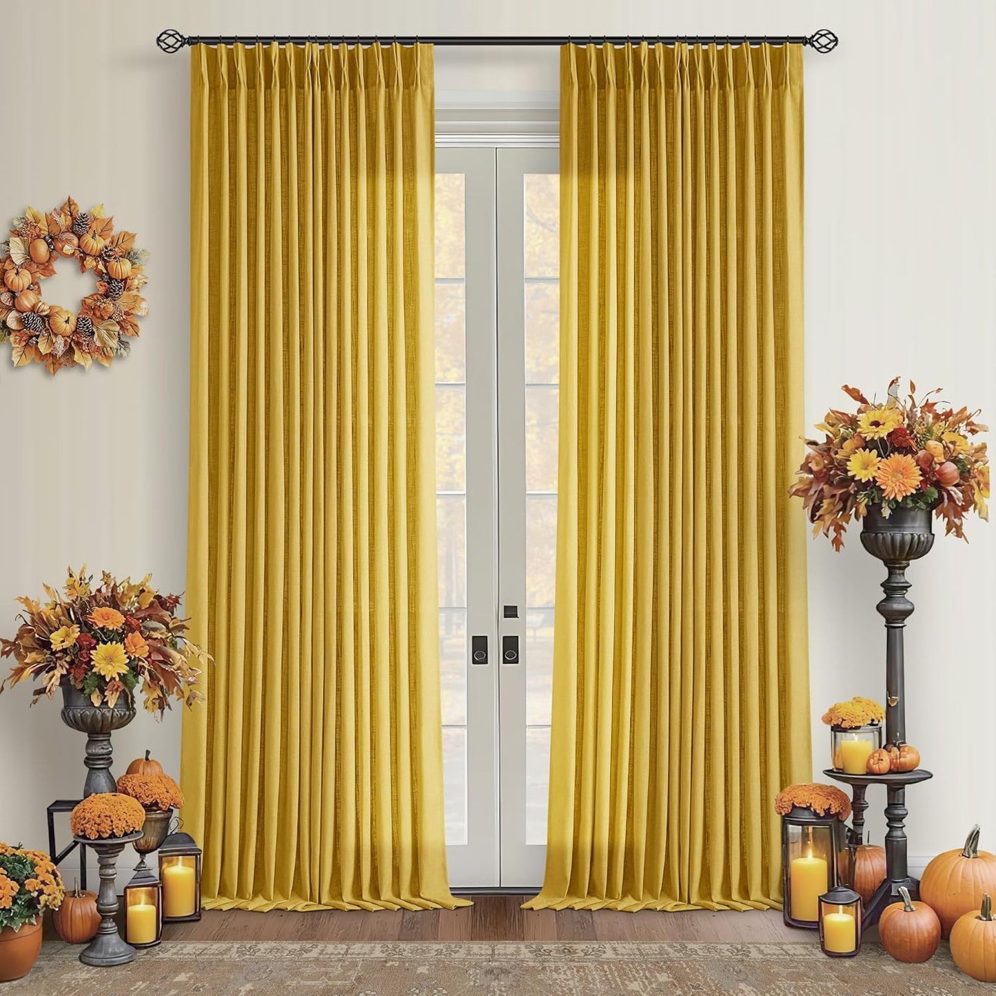 Pinch Pleated Linen Curtains 108" Beige, 2 Panels