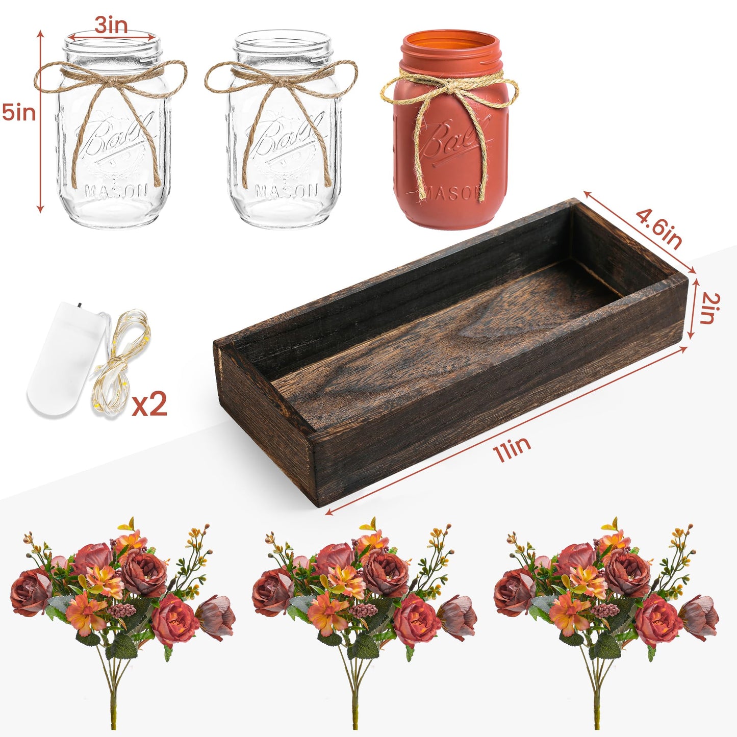 3 Pcs Mason Jar Centerpiece with Tray & Lights – Orange
