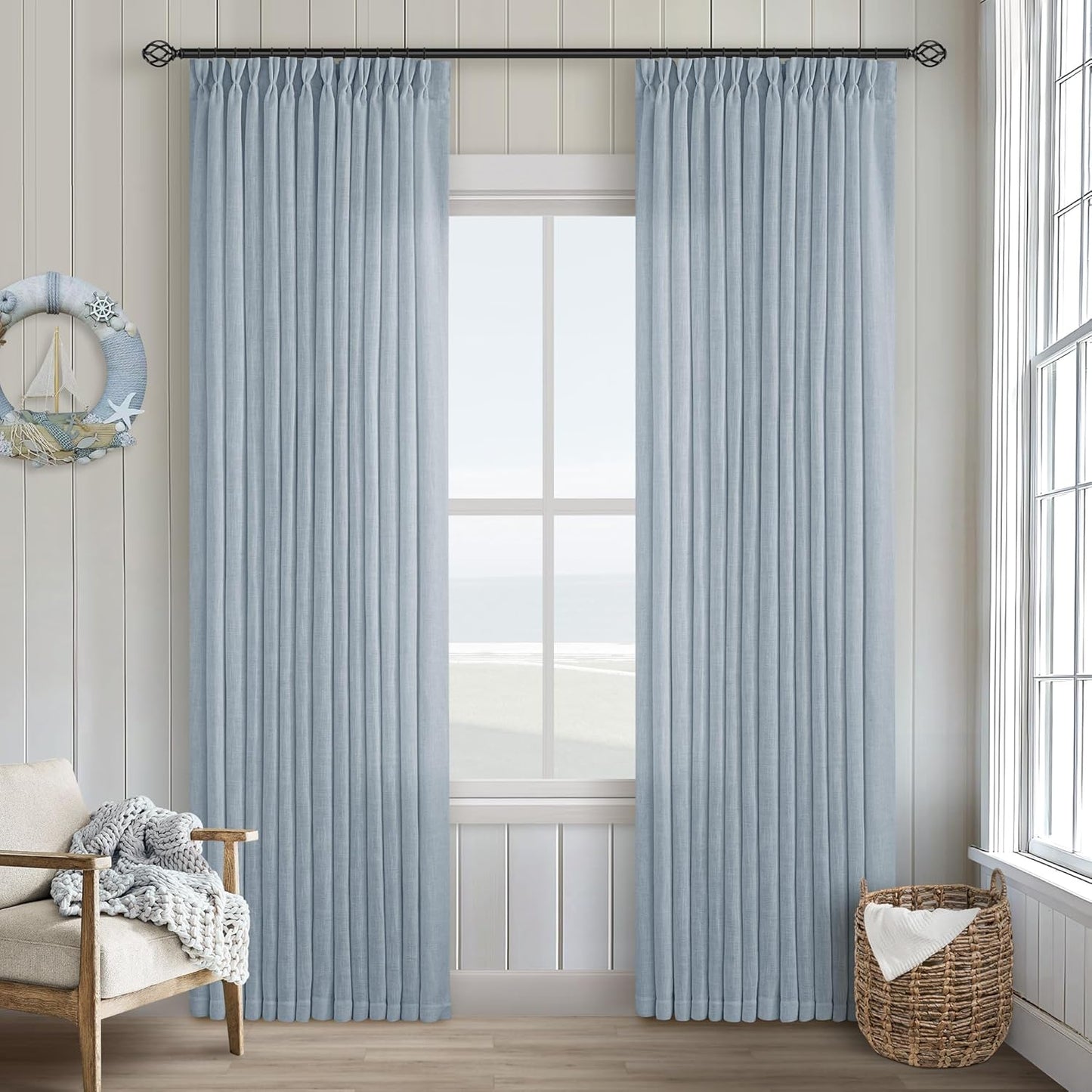 Pinch Pleated Linen Curtains 108" Beige, 2 Panels