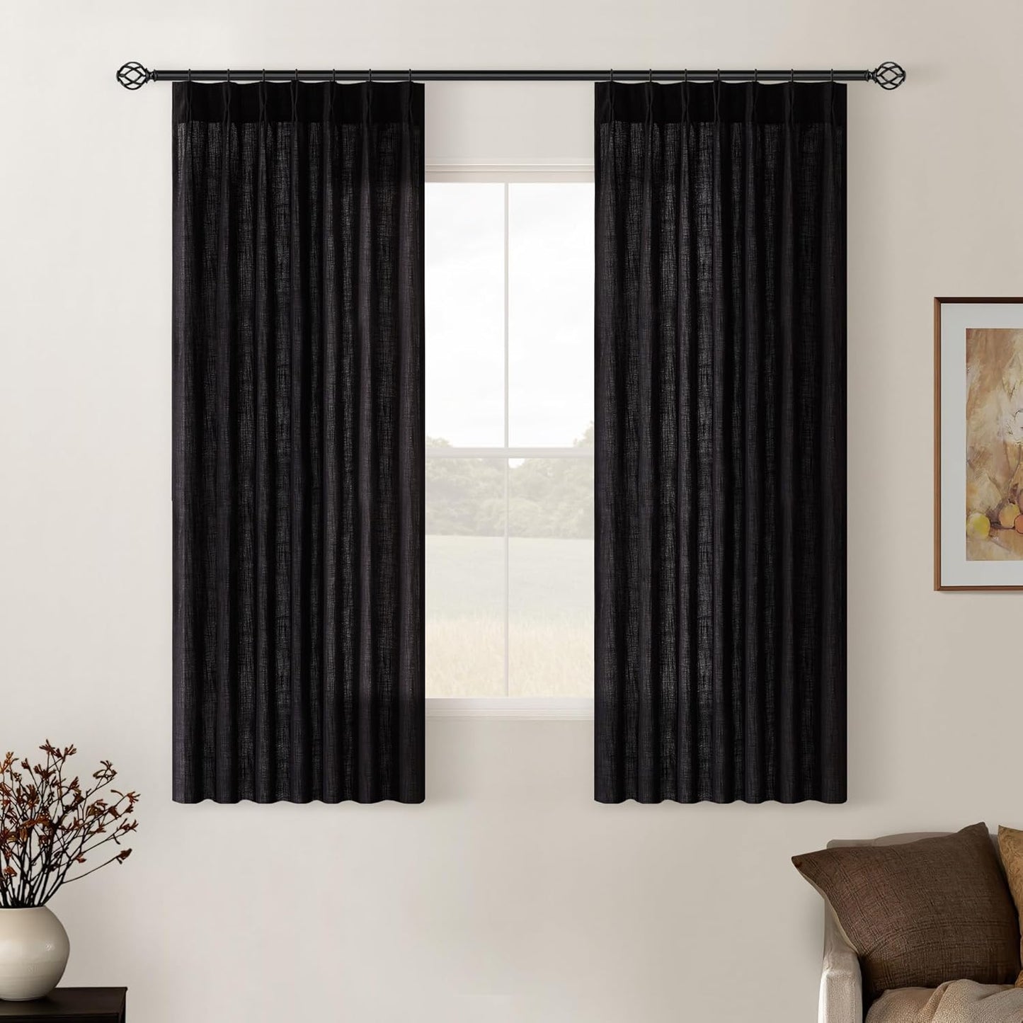 Pinch Pleated Linen Curtains 108" Beige, 2 Panels