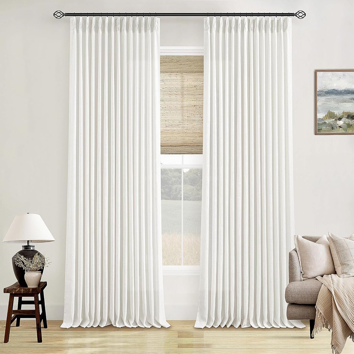 Pinch Pleated Linen Curtains 108" Beige, 2 Panels