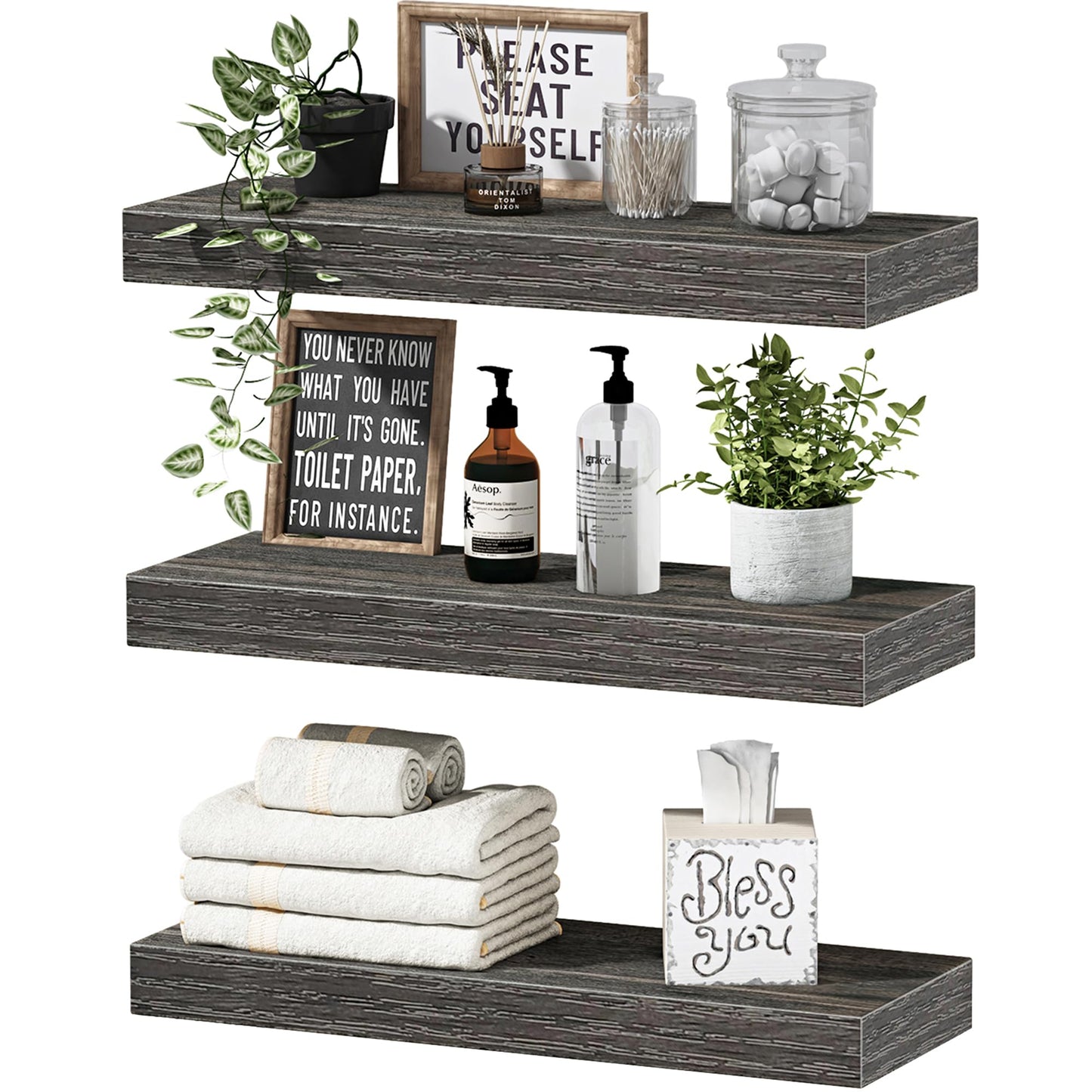 QEEIG Floating Shelves, 3pcs, Rustic Brown
