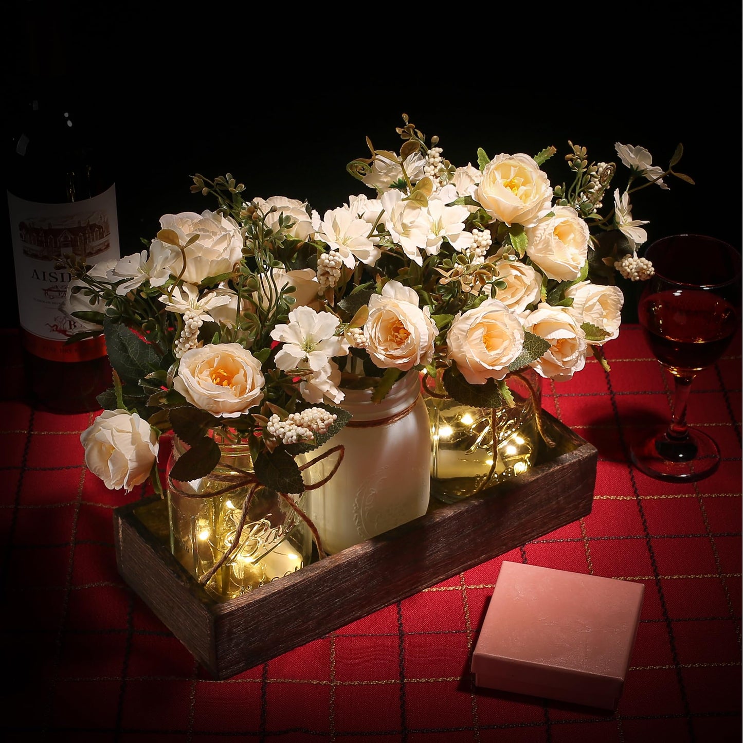 3 Pcs Mason Jar Centerpiece with Tray & Lights – Orange