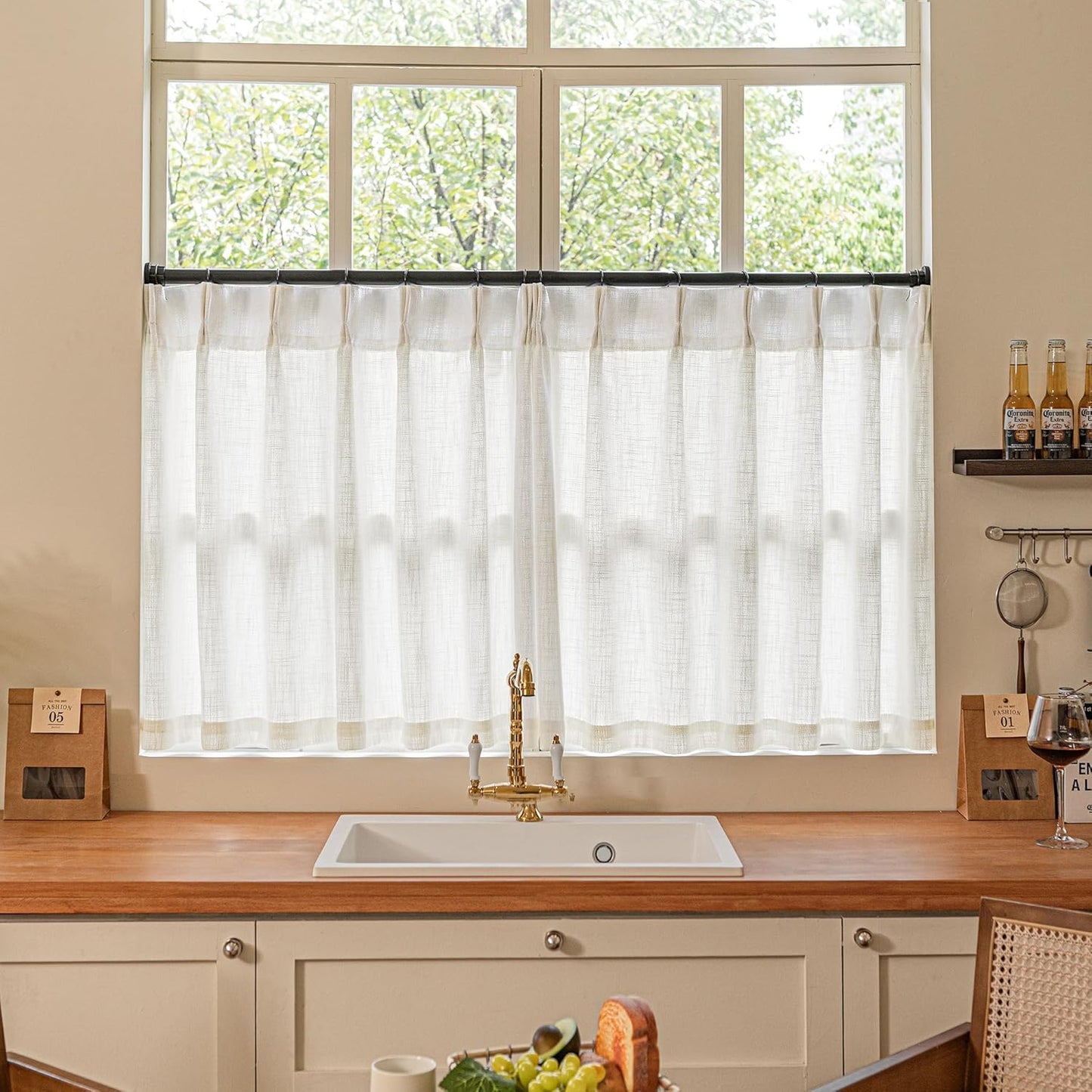 Pinch Pleated Linen Curtains 108" Beige, 2 Panels