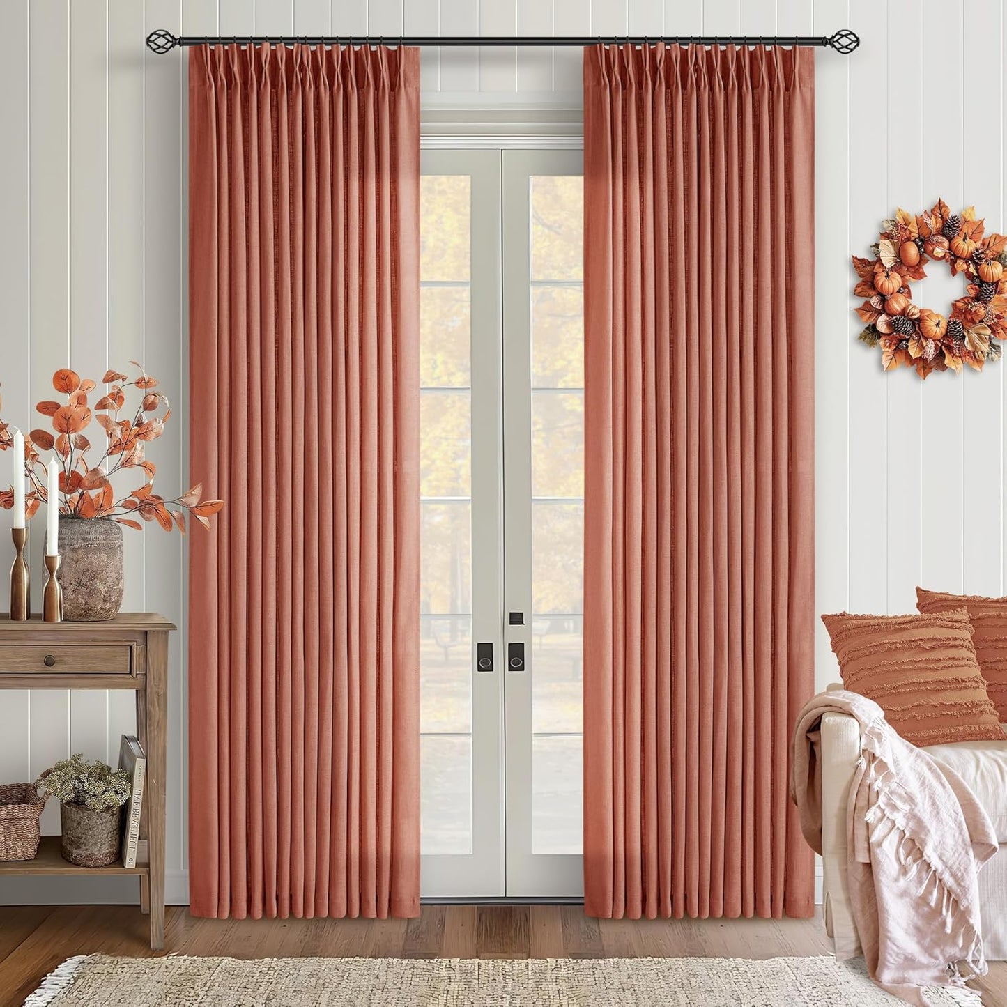 Pinch Pleated Linen Curtains 108" Beige, 2 Panels