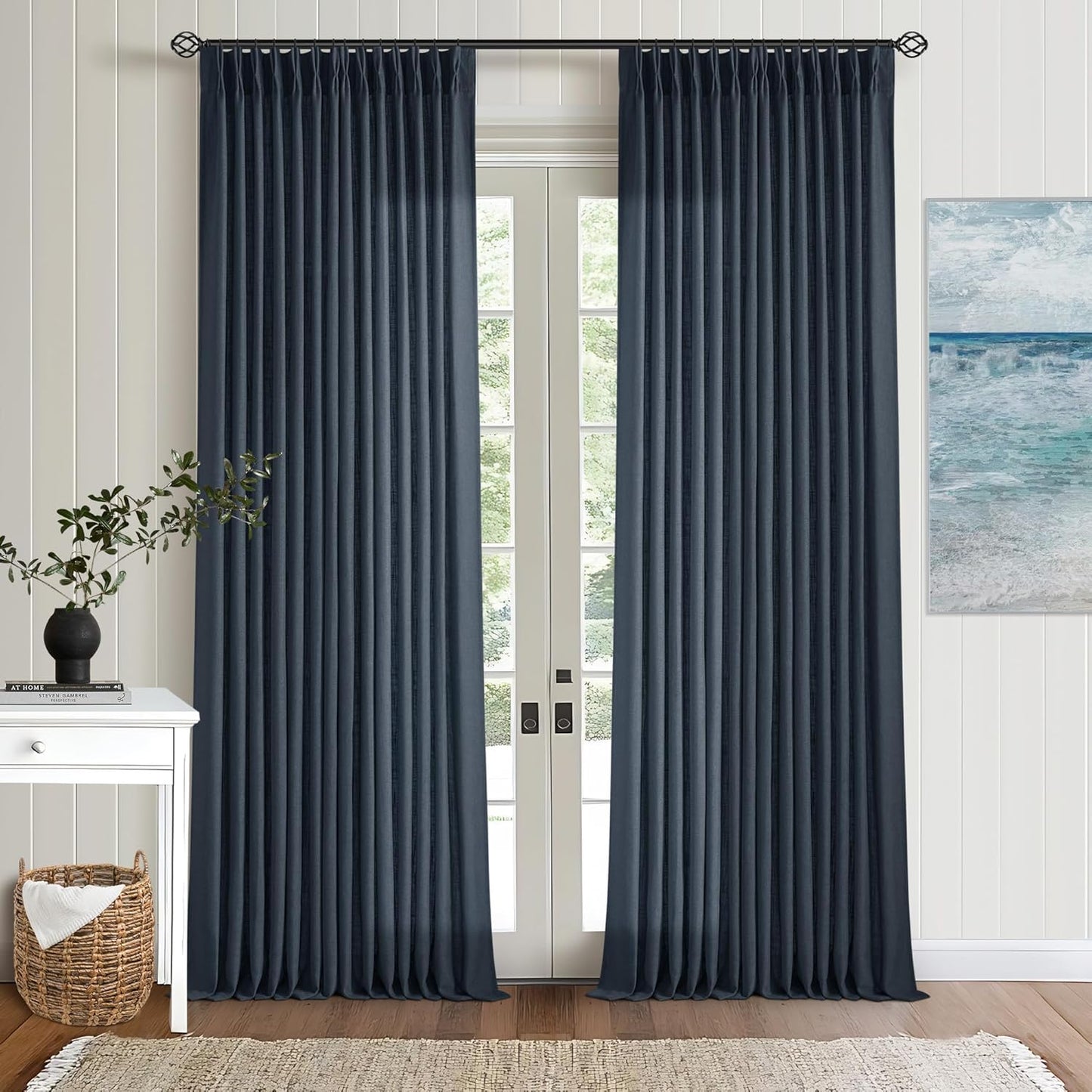 Pinch Pleated Linen Curtains 108" Beige, 2 Panels