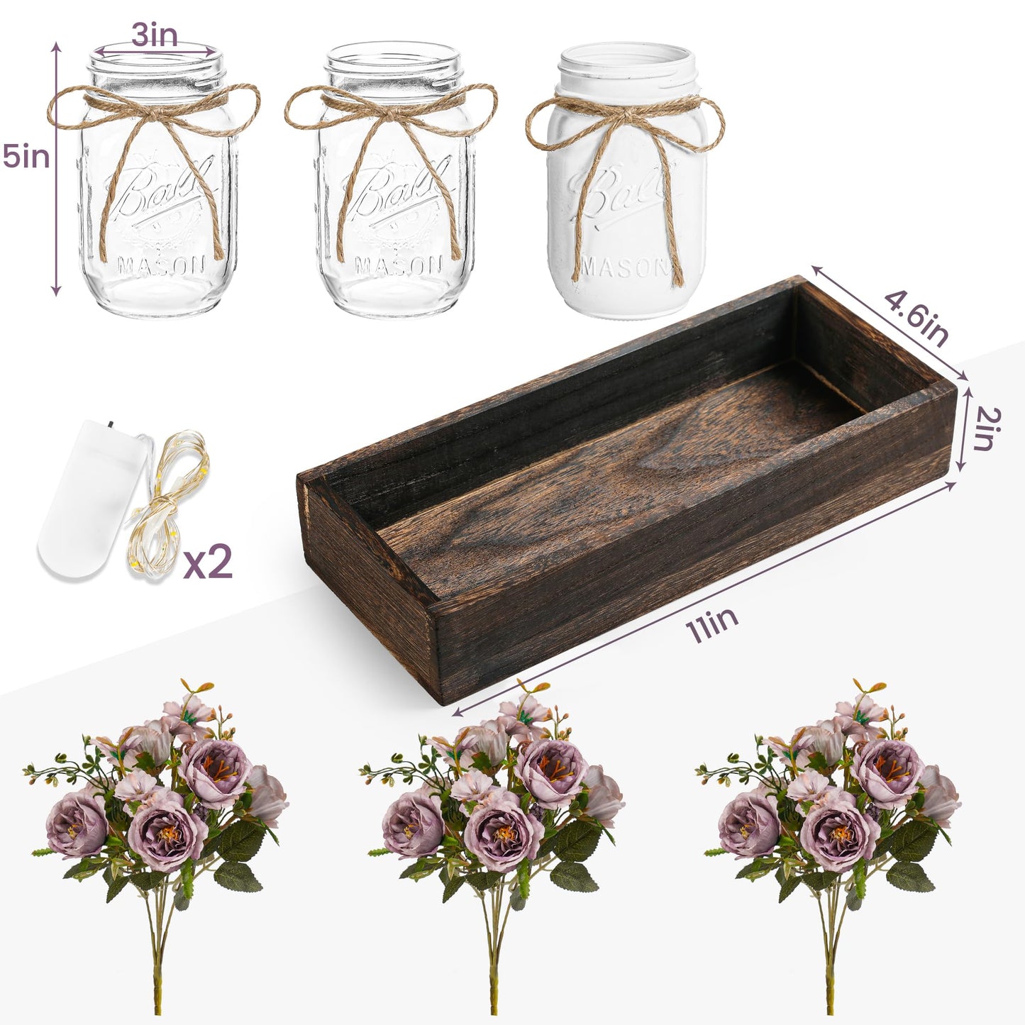 3 Pcs Mason Jar Centerpiece with Tray & Lights – Orange