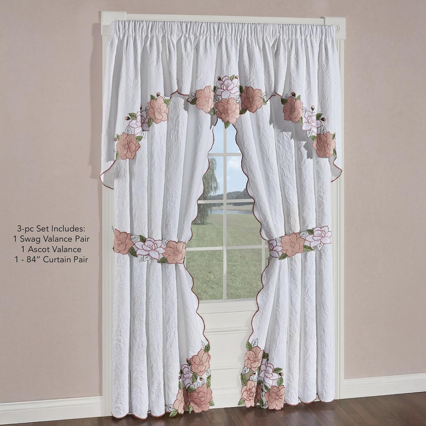 Lovington Floral Curtains 84" Pink & White Set