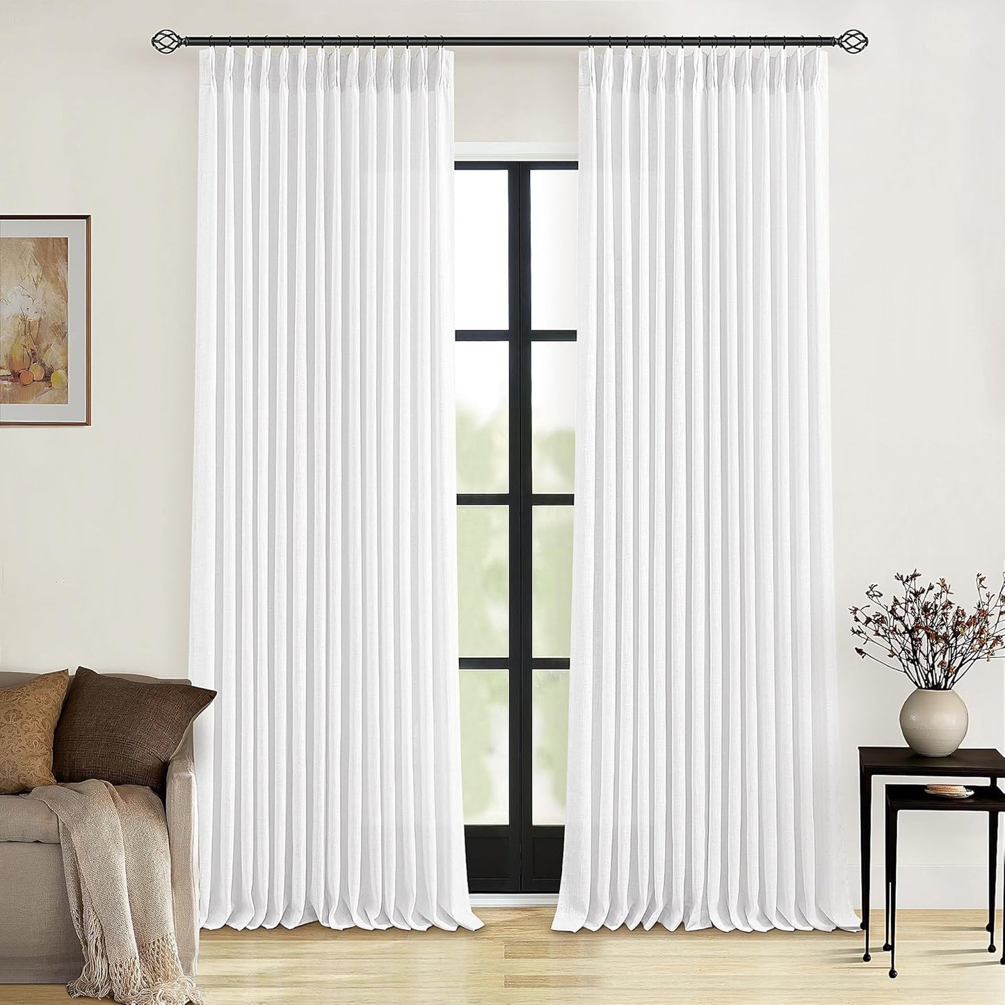 Pinch Pleated Linen Curtains 108" Beige, 2 Panels
