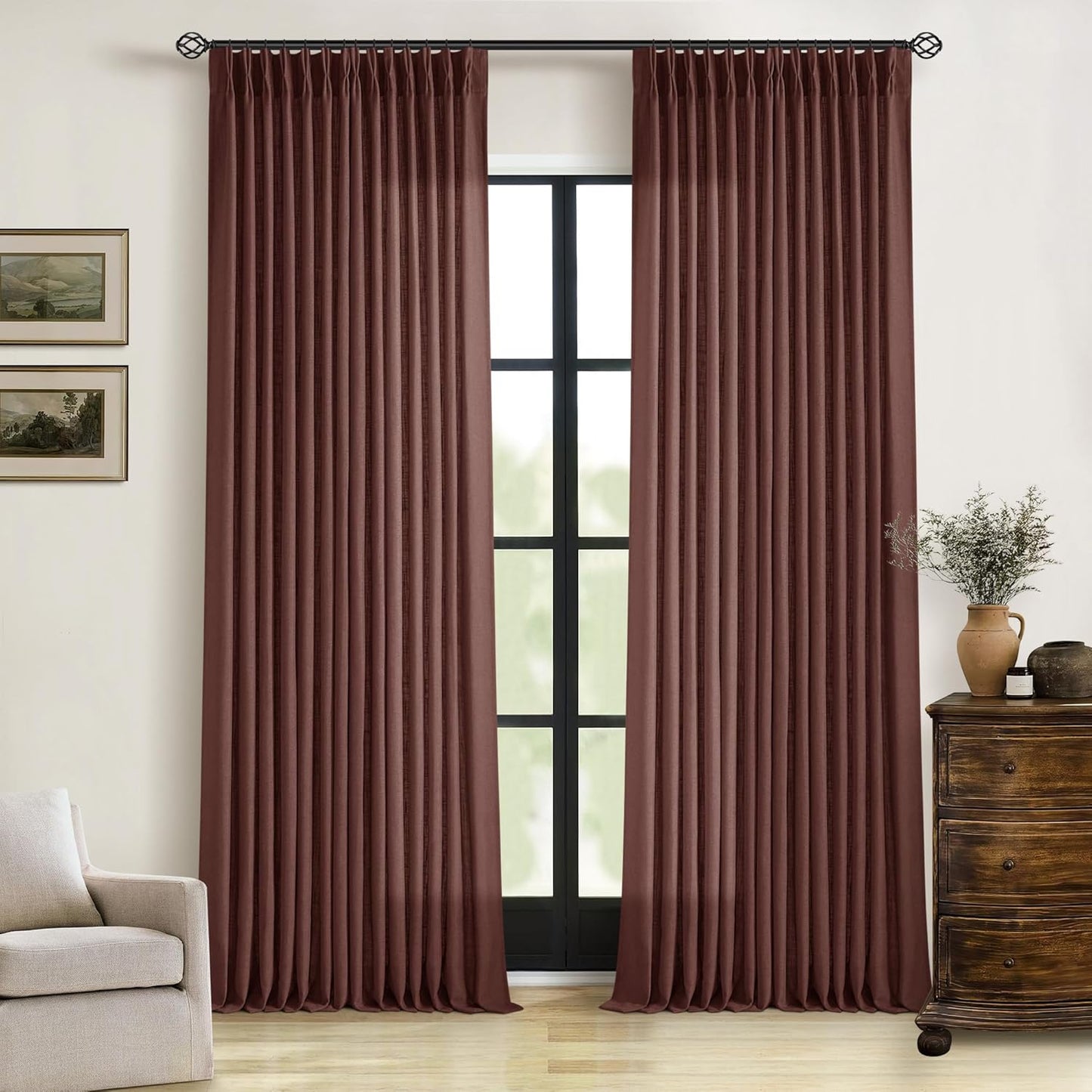 Pinch Pleated Linen Curtains 108" Beige, 2 Panels