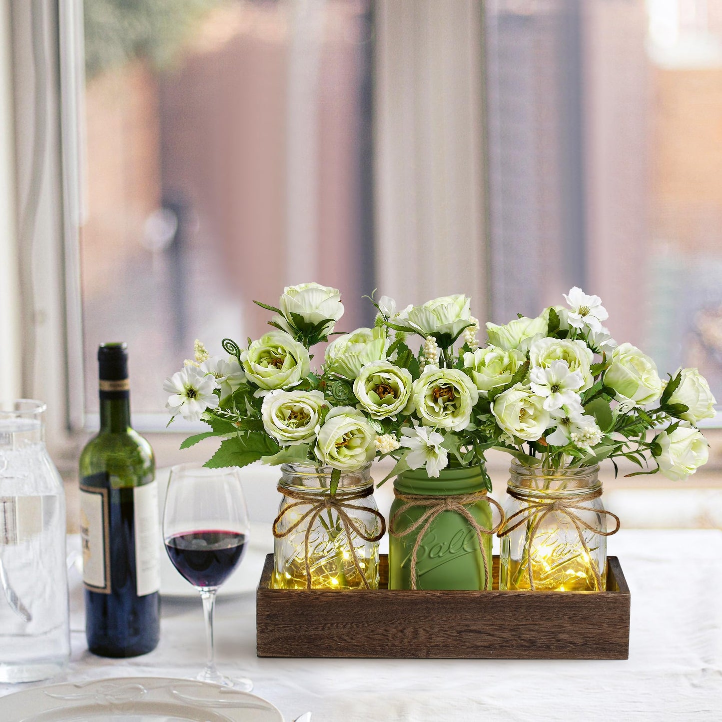 3 Pcs Mason Jar Centerpiece with Tray & Lights – Orange