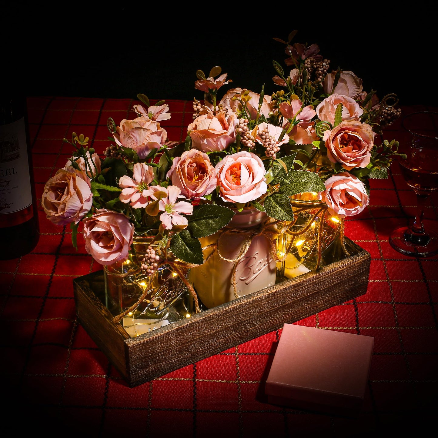 3 Pcs Mason Jar Centerpiece with Tray & Lights – Orange