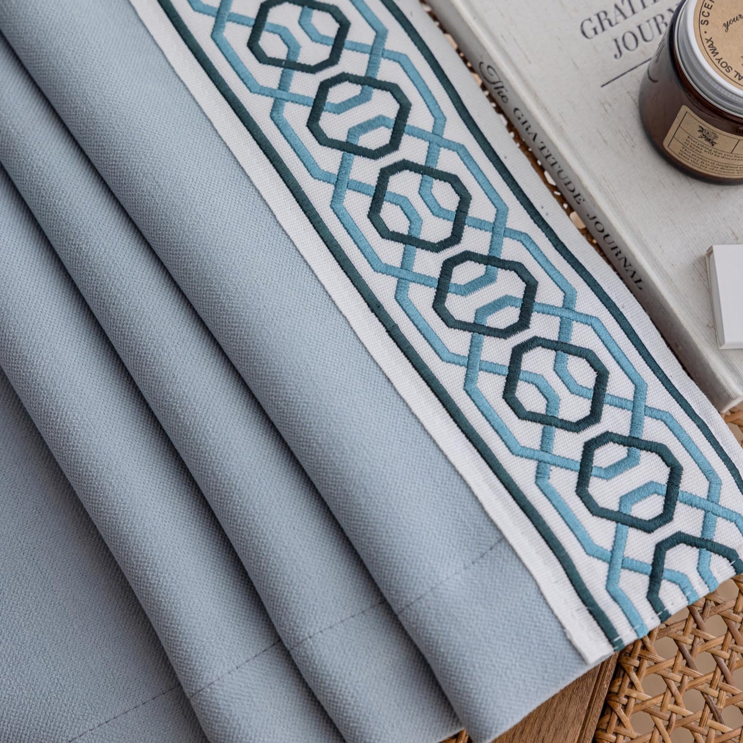 Pinch Pleat Curtains, with Geometric Trim Design