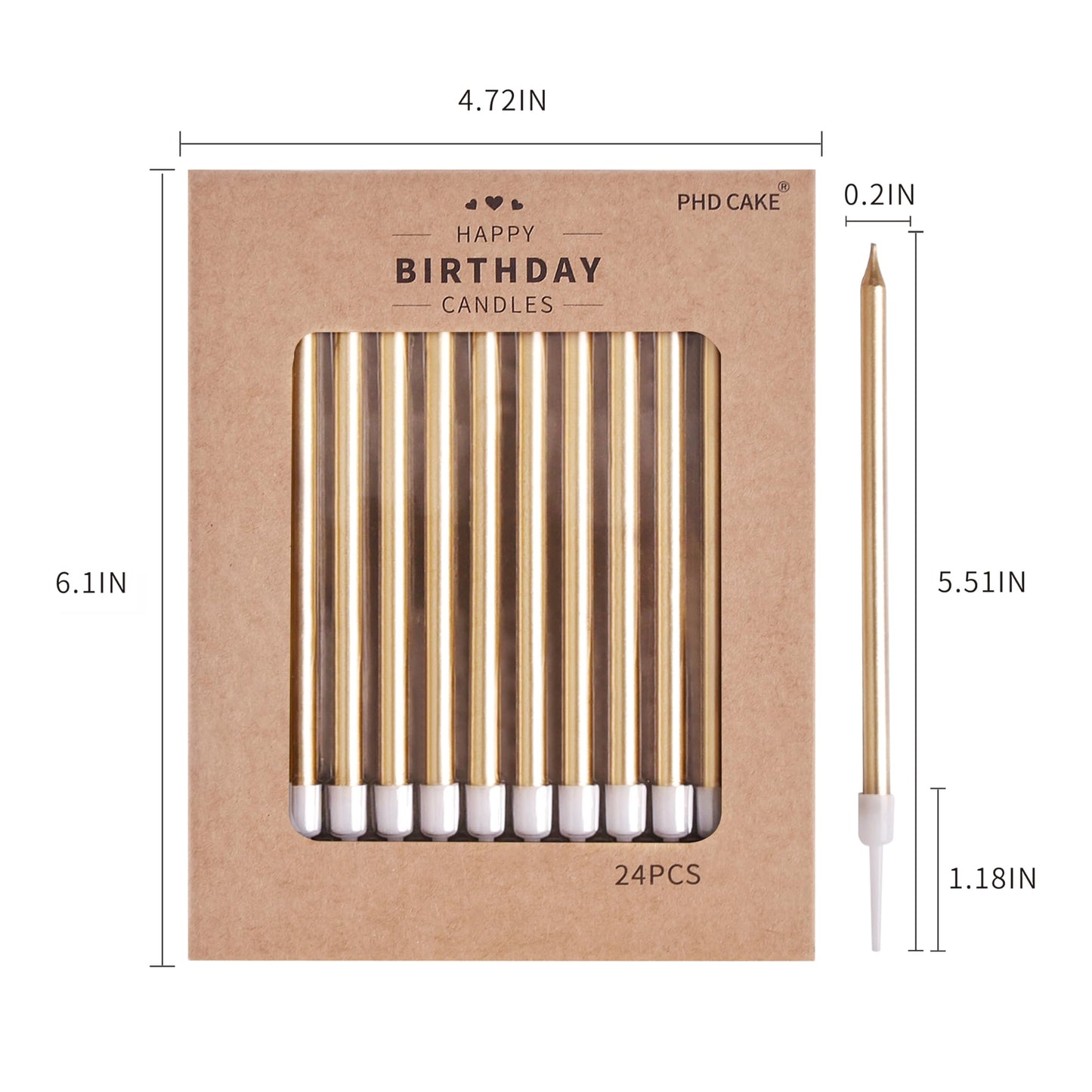 PHD CAKE Gold Long Thin Metallic Birthday Candles