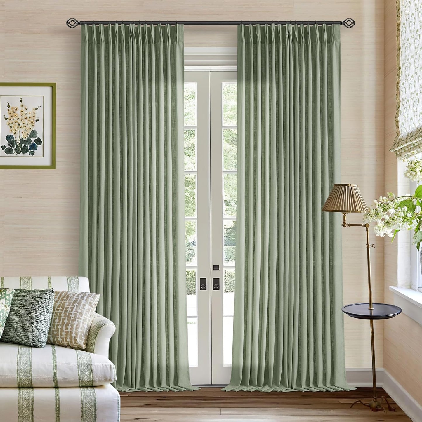 Pinch Pleated Linen Curtains 108" Beige, 2 Panels