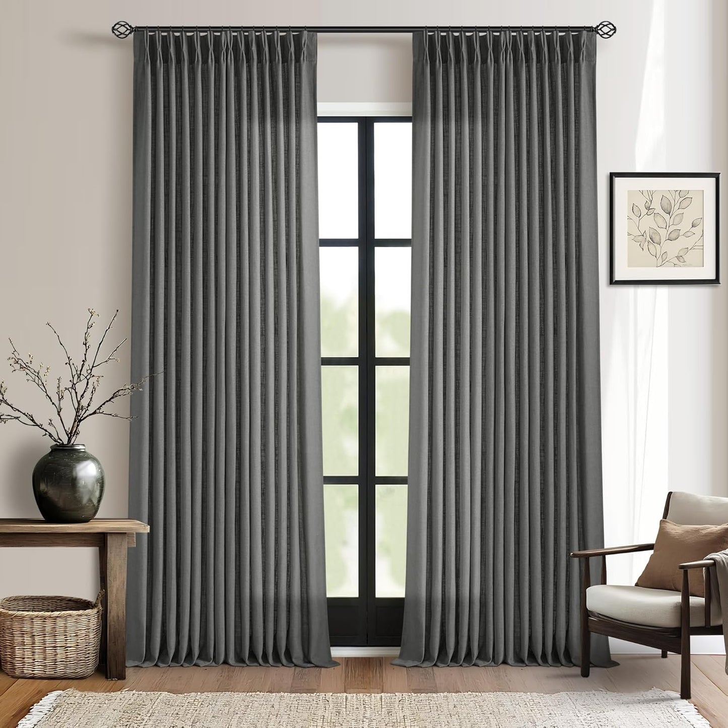 Pinch Pleated Linen Curtains 108" Beige, 2 Panels