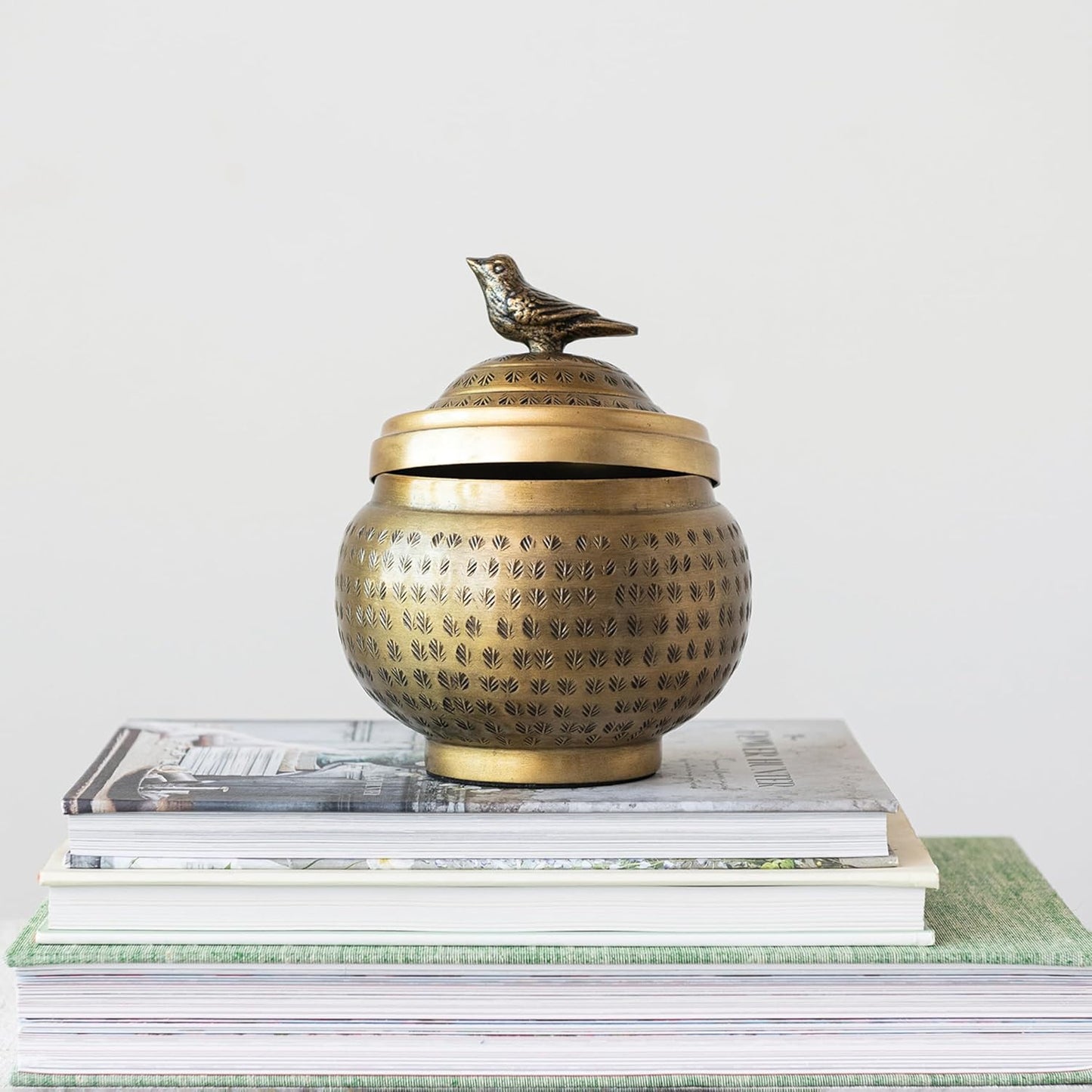 Creative Co-Op Brass Metal Container with Bird Finial