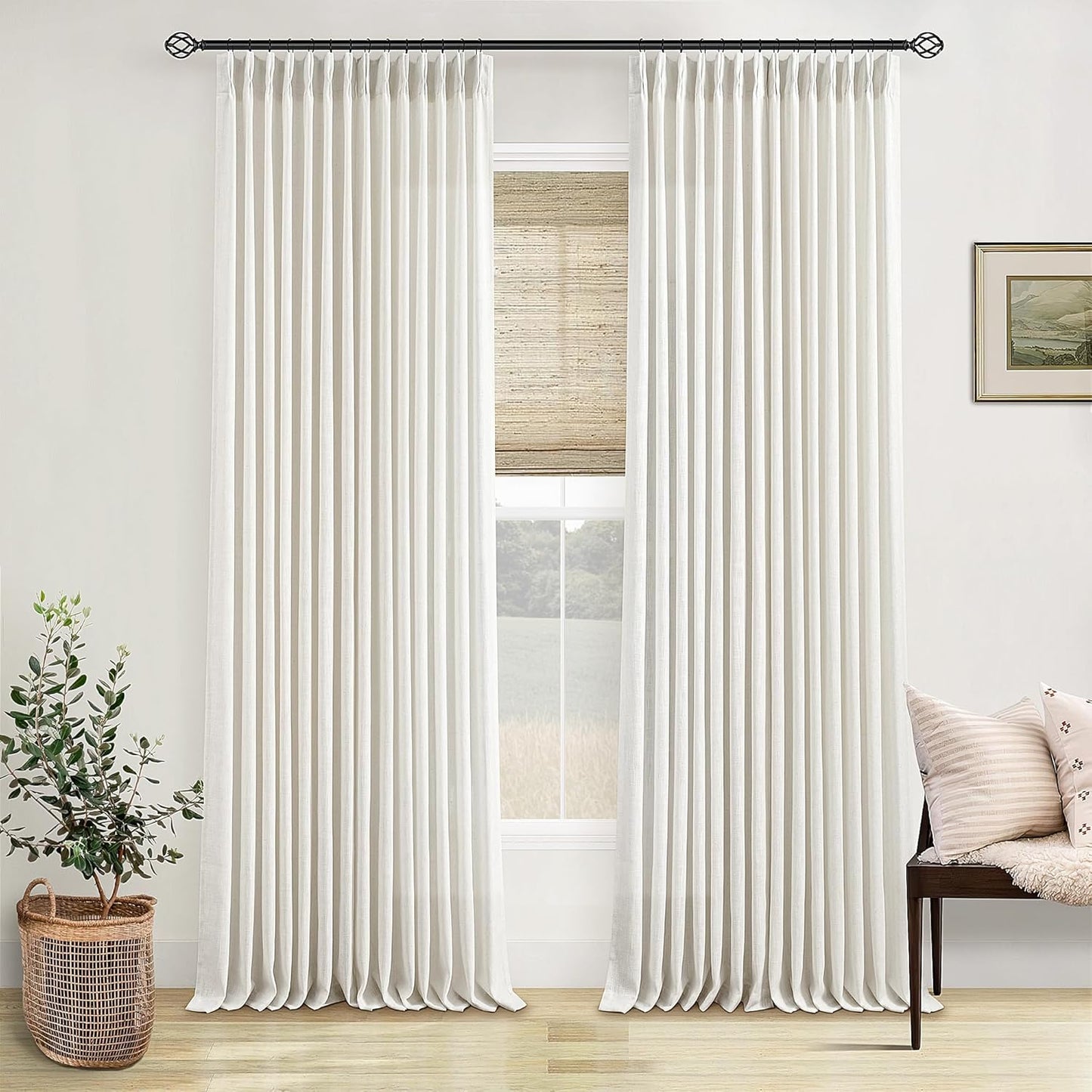 Pinch Pleated Linen Curtains 108" Beige, 2 Panels