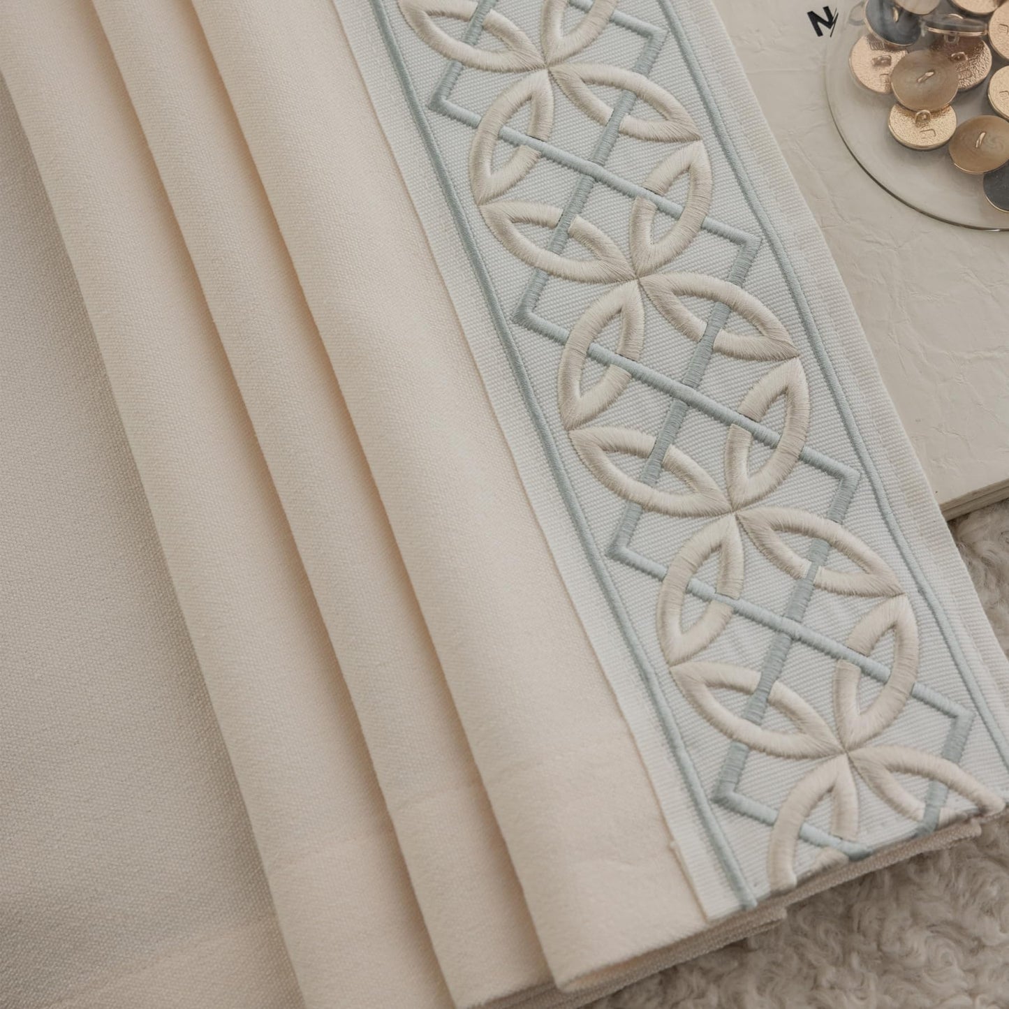 Pinch Pleat Curtains, with Geometric Trim Design