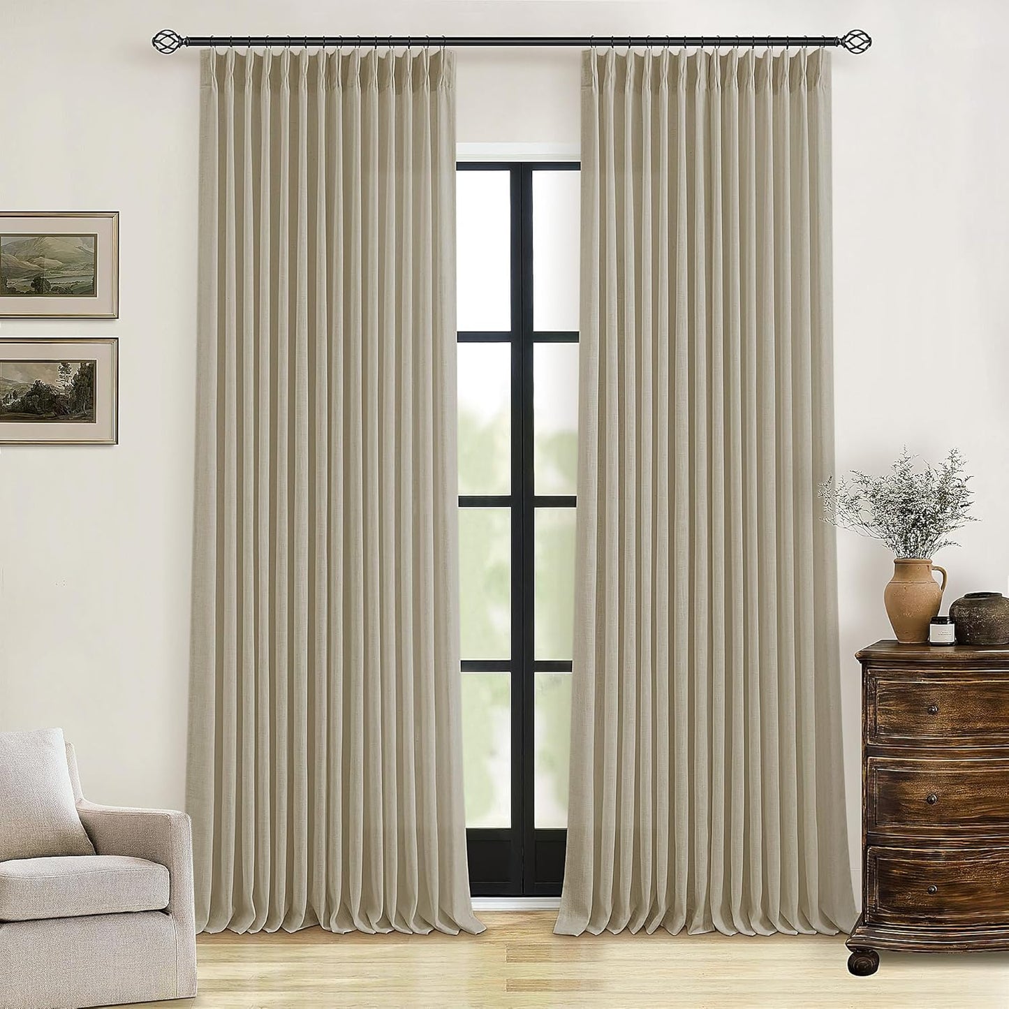 Pinch Pleated Linen Curtains 108" Beige, 2 Panels