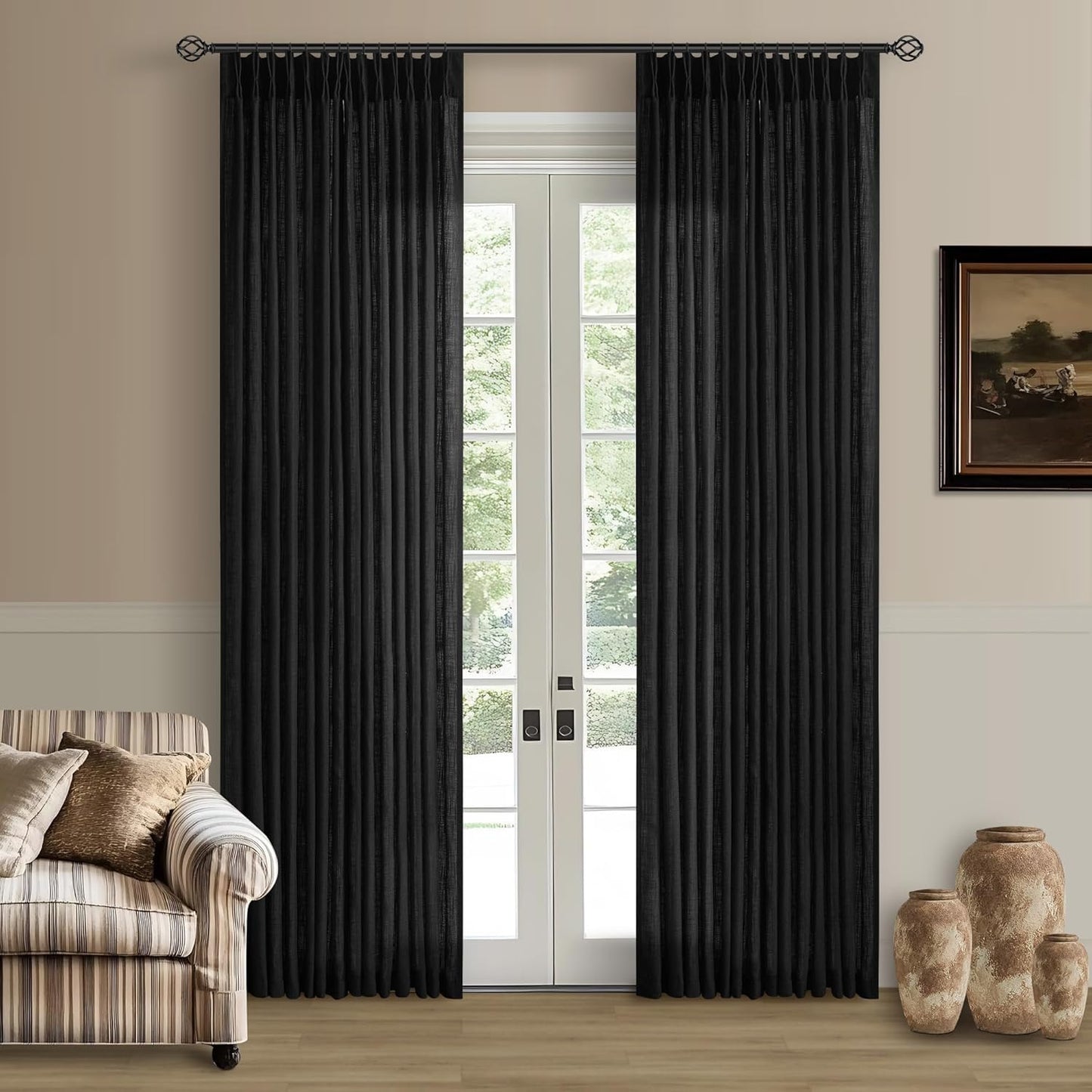 Pinch Pleated Linen Curtains 108" Beige, 2 Panels