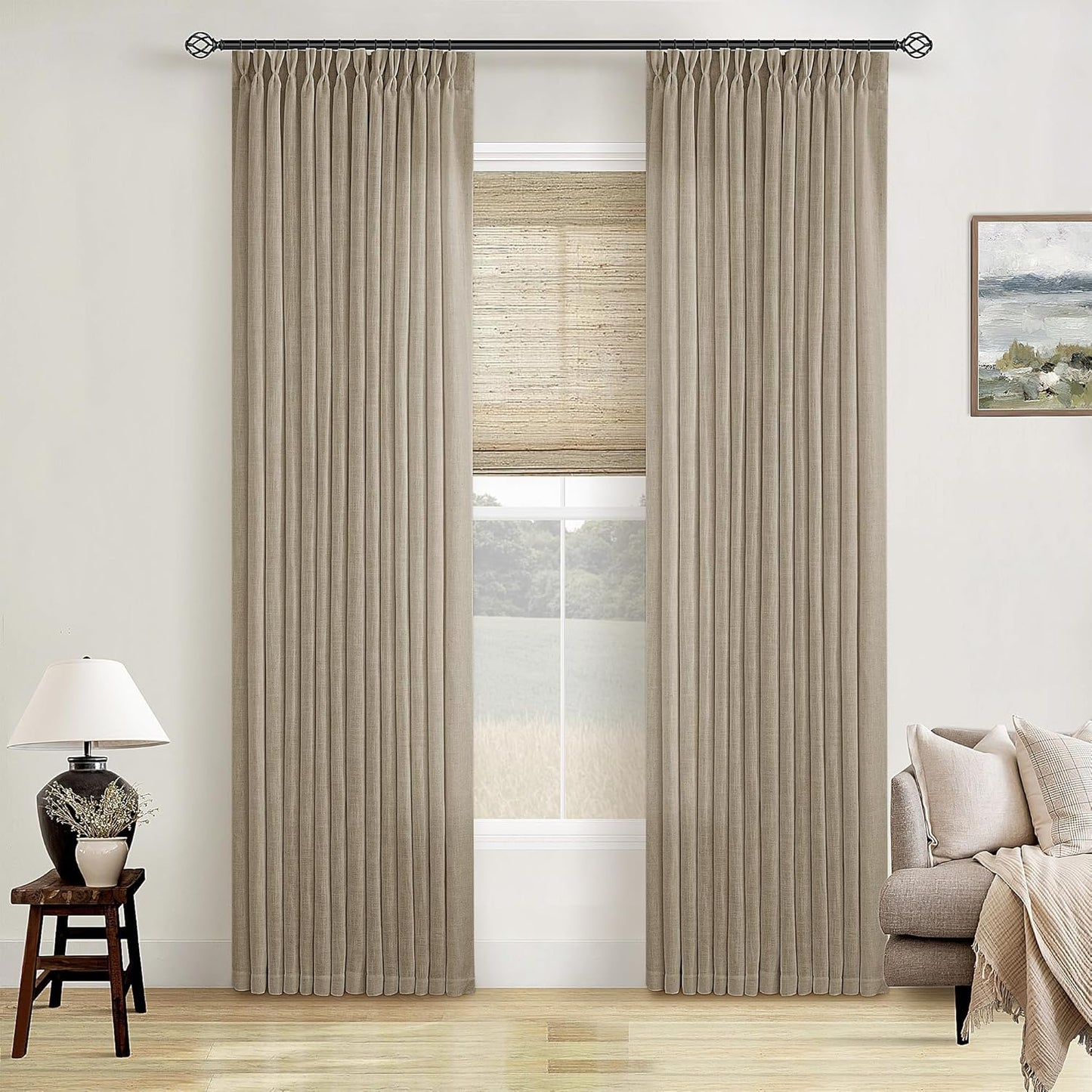 Pinch Pleated Linen Curtains 108" Beige, 2 Panels
