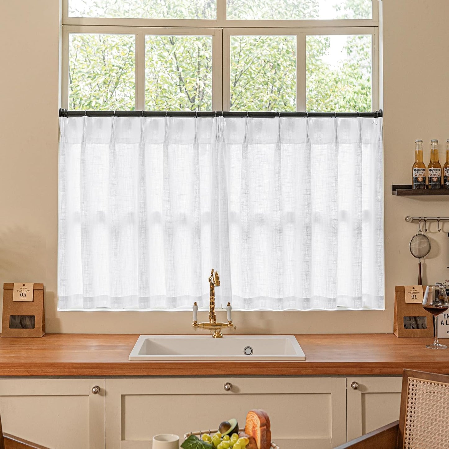 Pinch Pleated Linen Curtains 108" Beige, 2 Panels