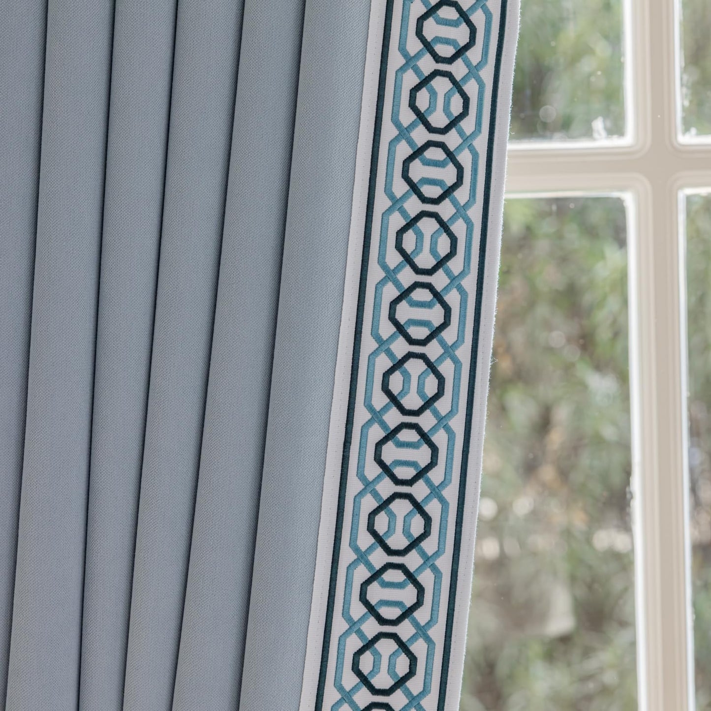 Pinch Pleat Curtains, with Geometric Trim Design