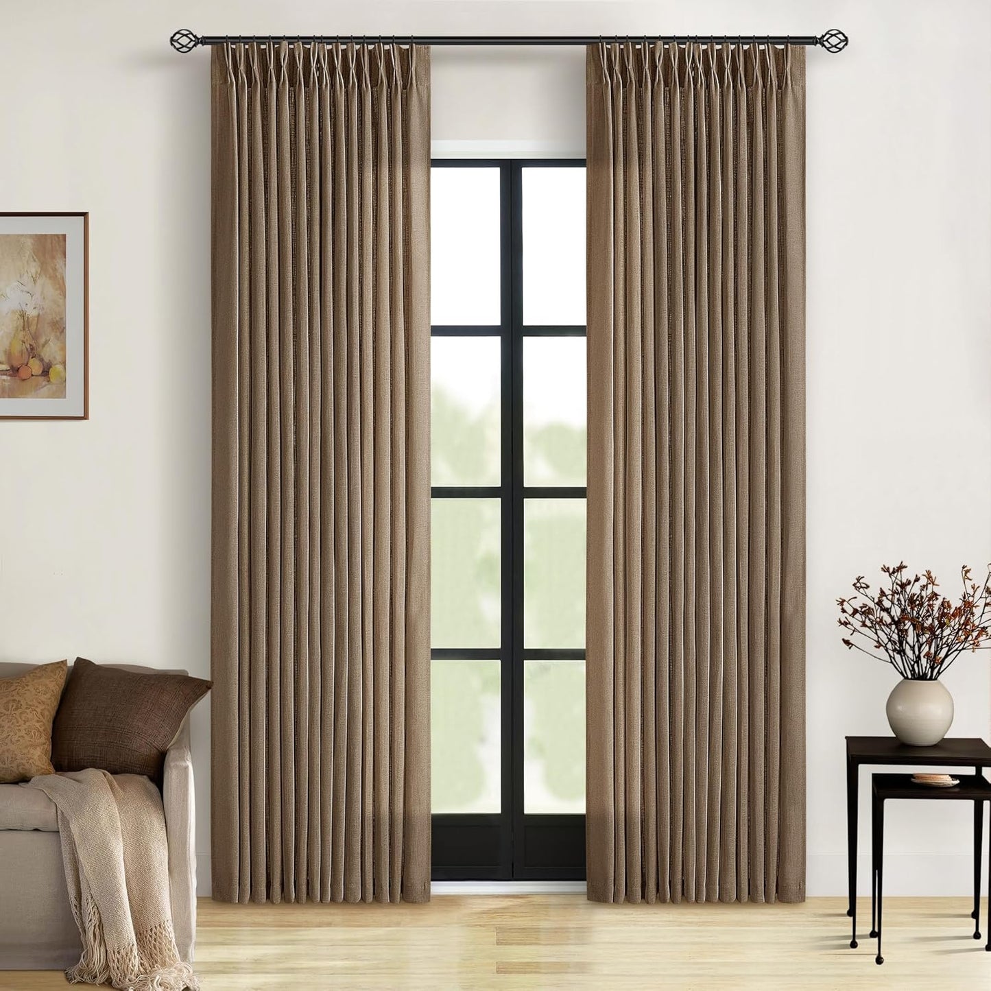 Pinch Pleated Linen Curtains 108" Beige, 2 Panels