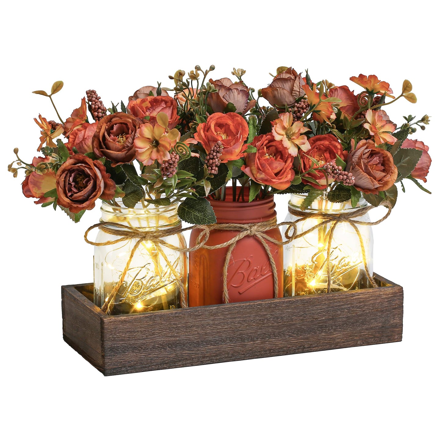 3 Pcs Mason Jar Centerpiece with Tray & Lights – Orange