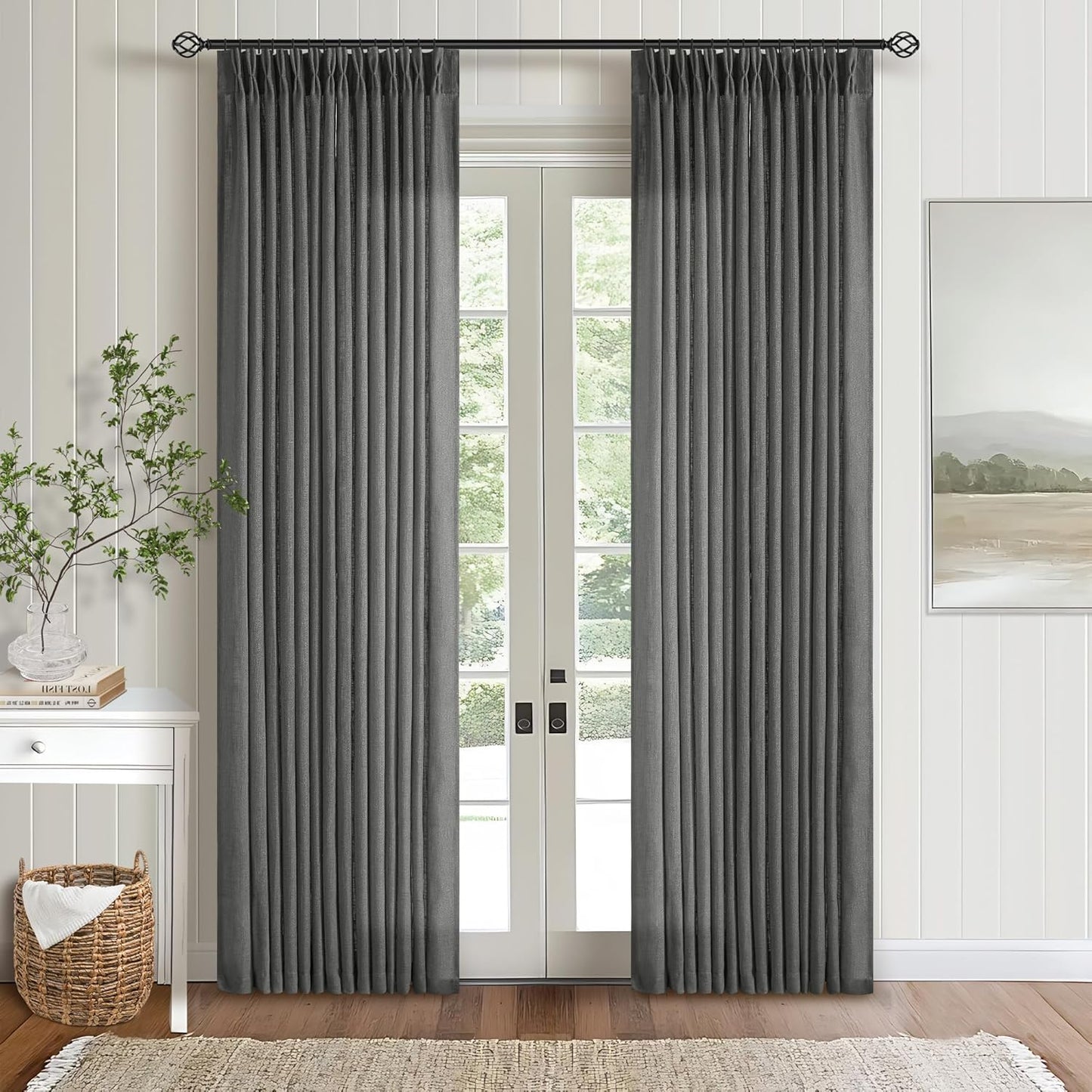 Pinch Pleated Linen Curtains 108" Beige, 2 Panels