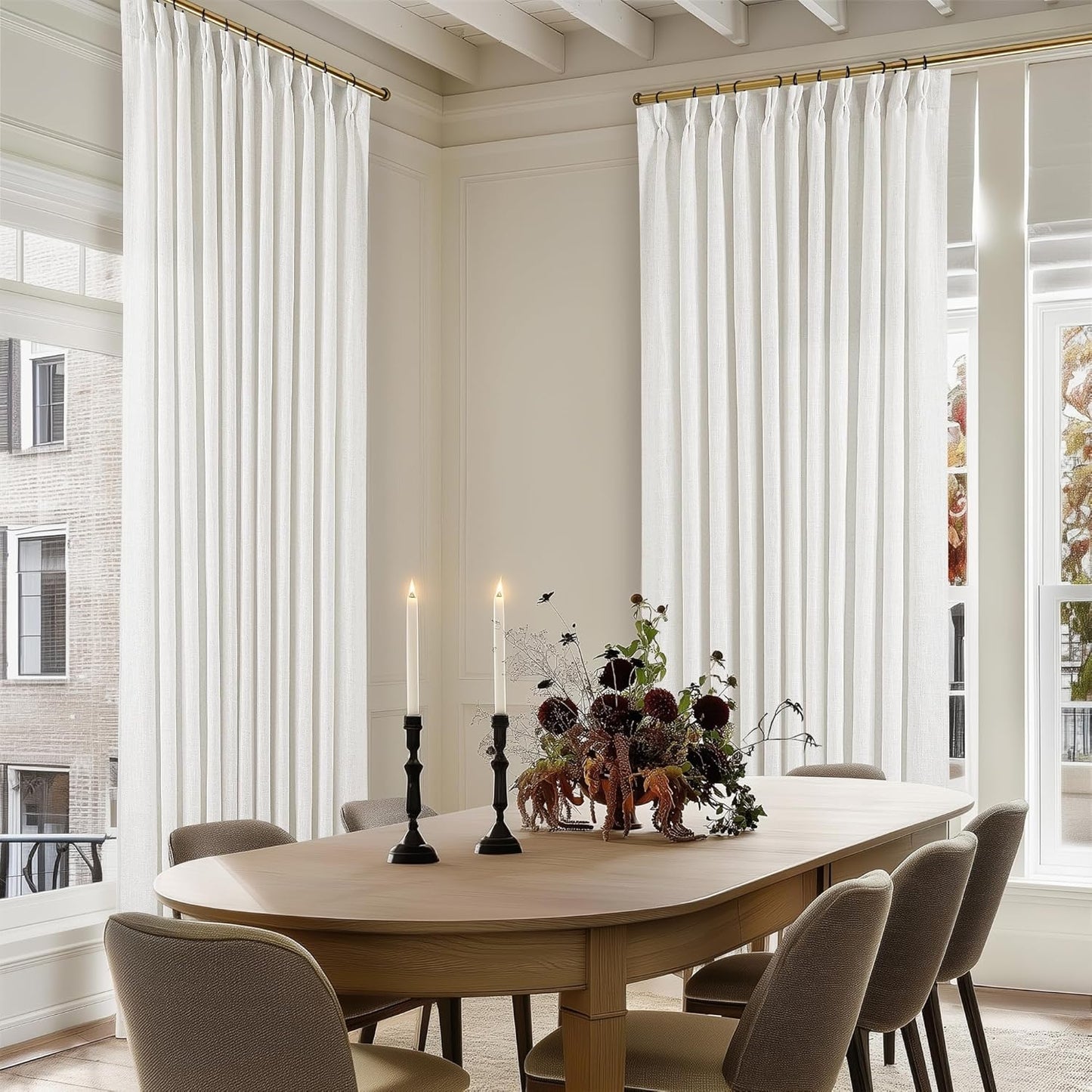 Pinch Pleated Linen Curtains 108" Beige, 2 Panels