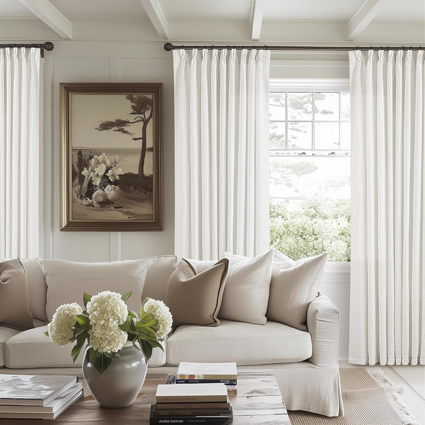 Pinch Pleated Linen Curtains 108" Beige, 2 Panels