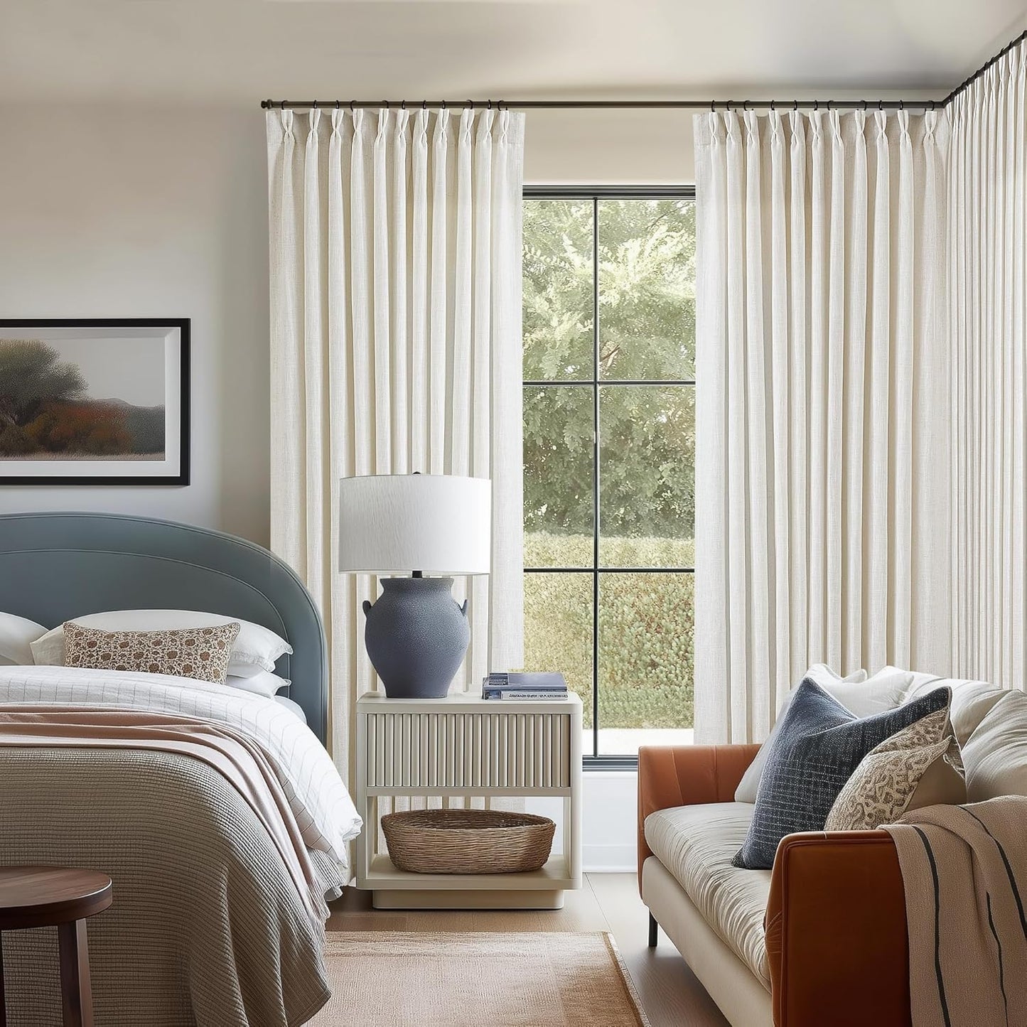 Pinch Pleated Linen Curtains 108" Beige, 2 Panels