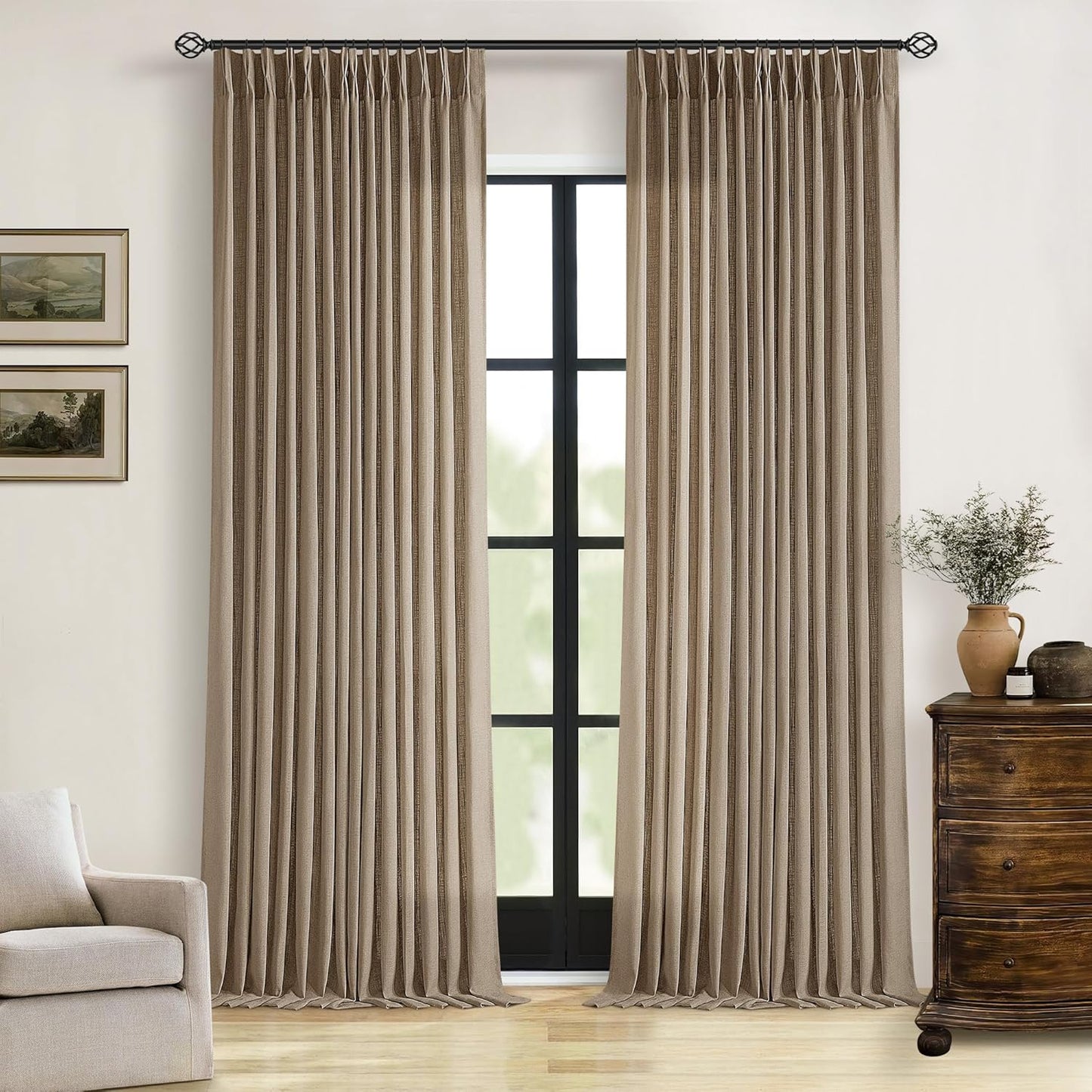 Pinch Pleated Linen Curtains 108" Beige, 2 Panels