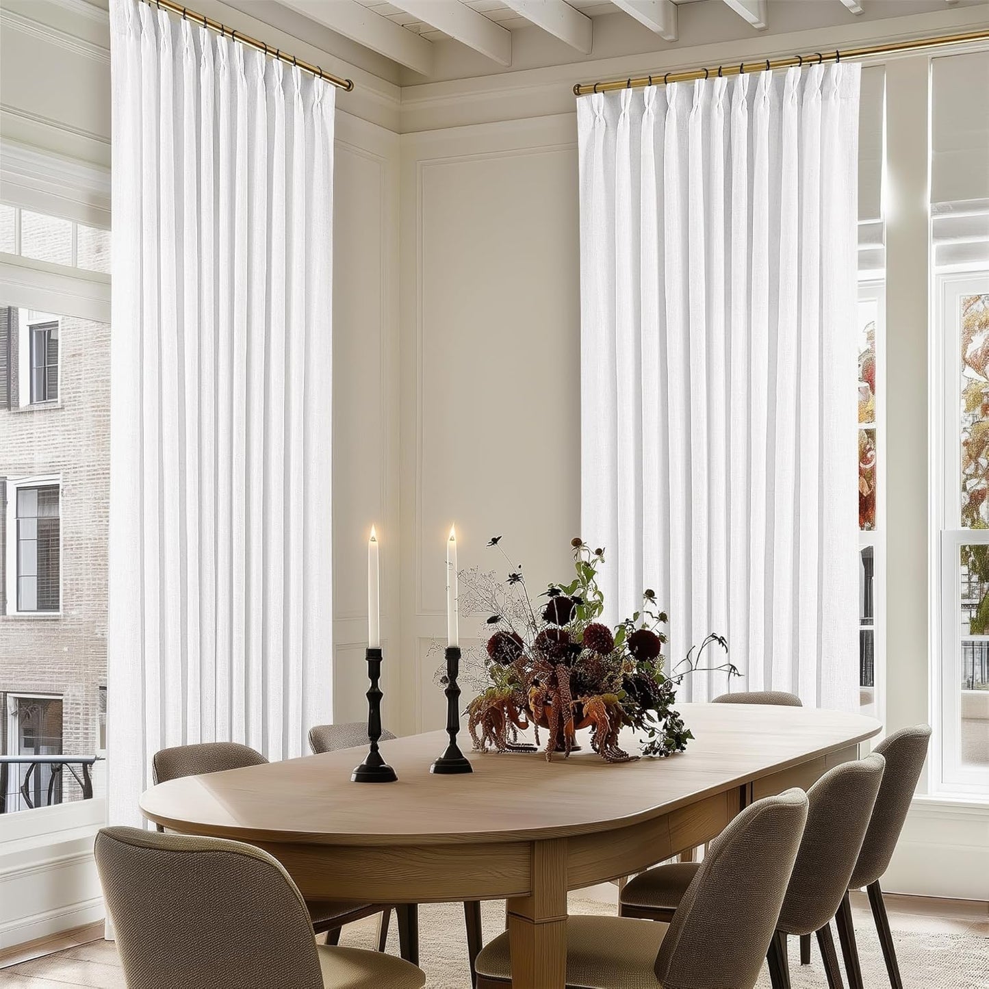 Pinch Pleated Linen Curtains 108" Beige, 2 Panels