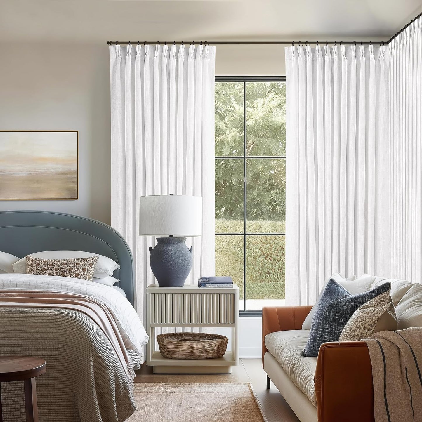 Pinch Pleated Linen Curtains 108" Beige, 2 Panels