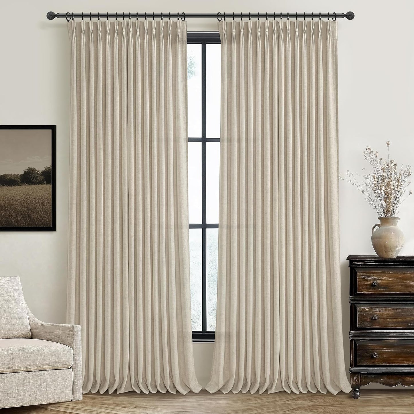 Rustic Linen Curtains, Oatmeal Beige 96" Set of 2