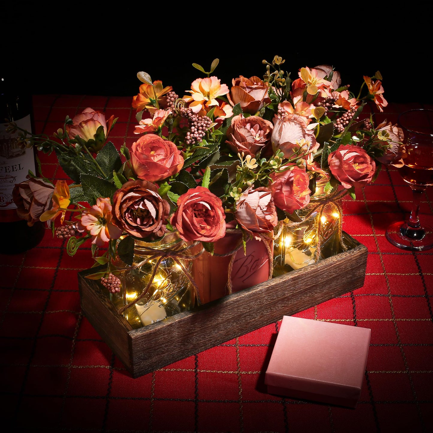 3 Pcs Mason Jar Centerpiece with Tray & Lights – Orange