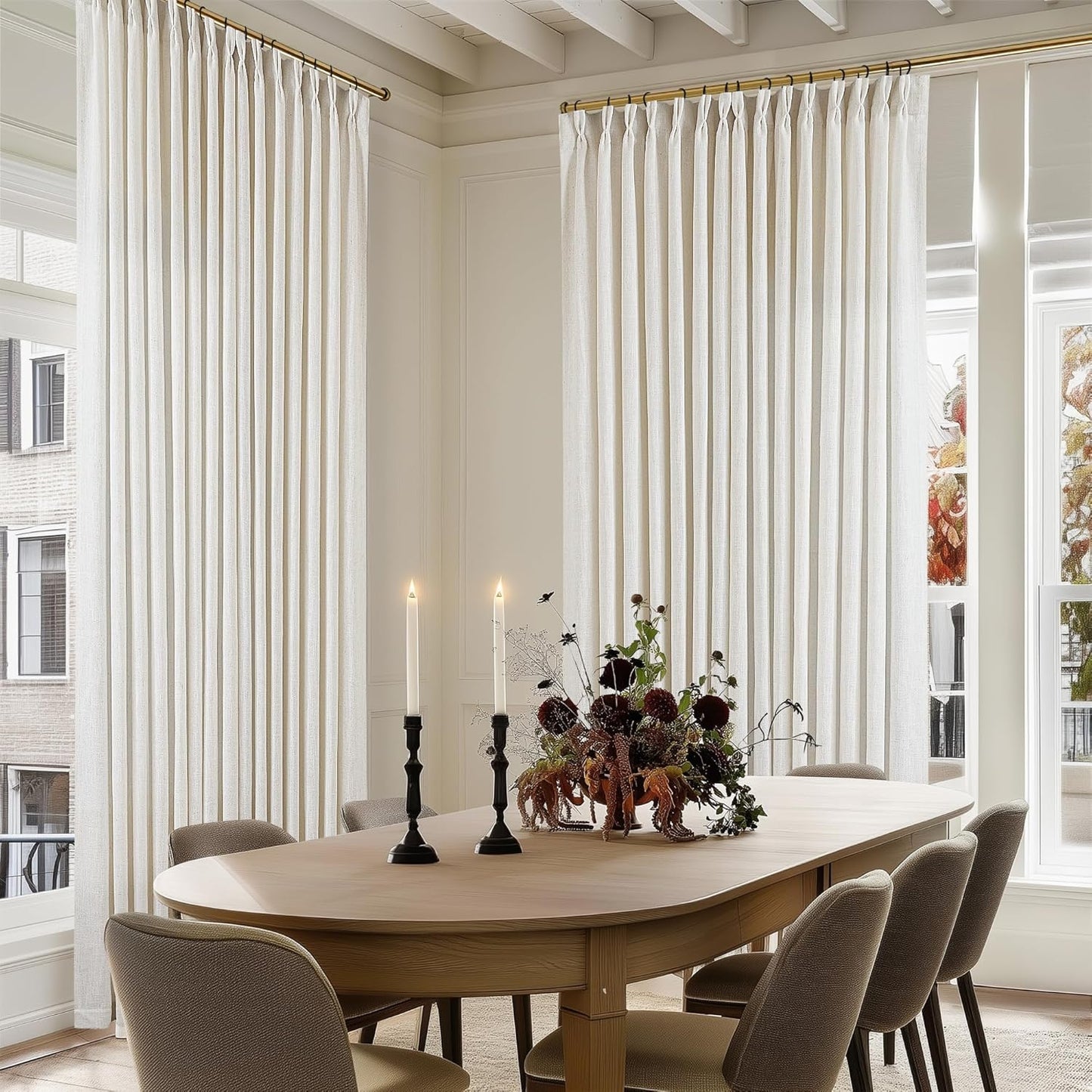 Pinch Pleated Linen Curtains 108" Beige, 2 Panels