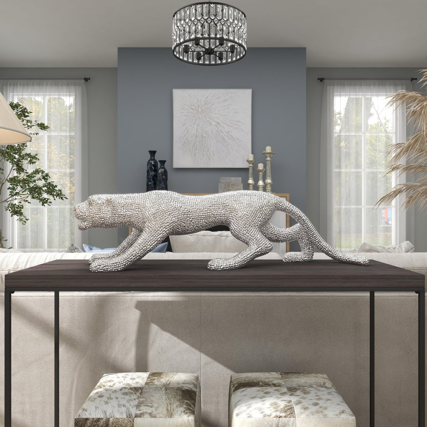 Deco 79 Leopard Statue 42" Silver